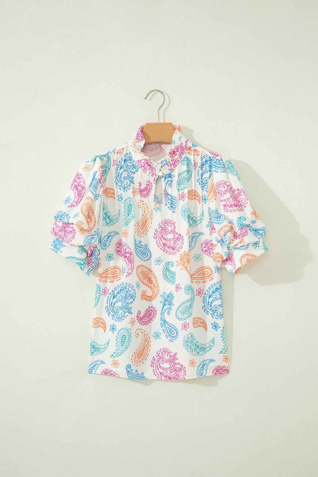Women's Multicolour Vibrant Paisley Print Keyhole Puff Sleeve Blouse at LivelyLooks