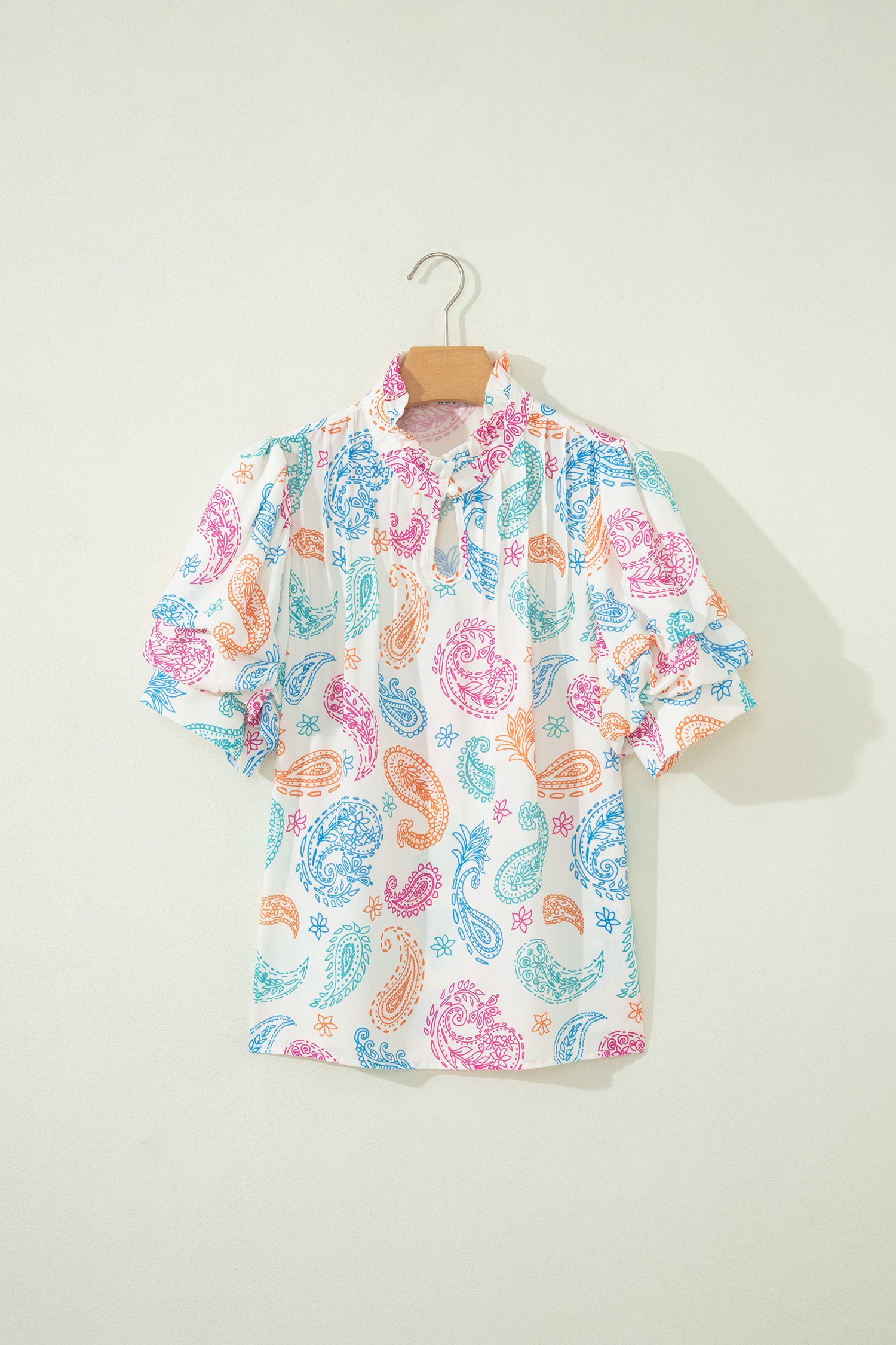 Women's Multicolour Vibrant Paisley Print Keyhole Puff Sleeve Blouse at LivelyLooks