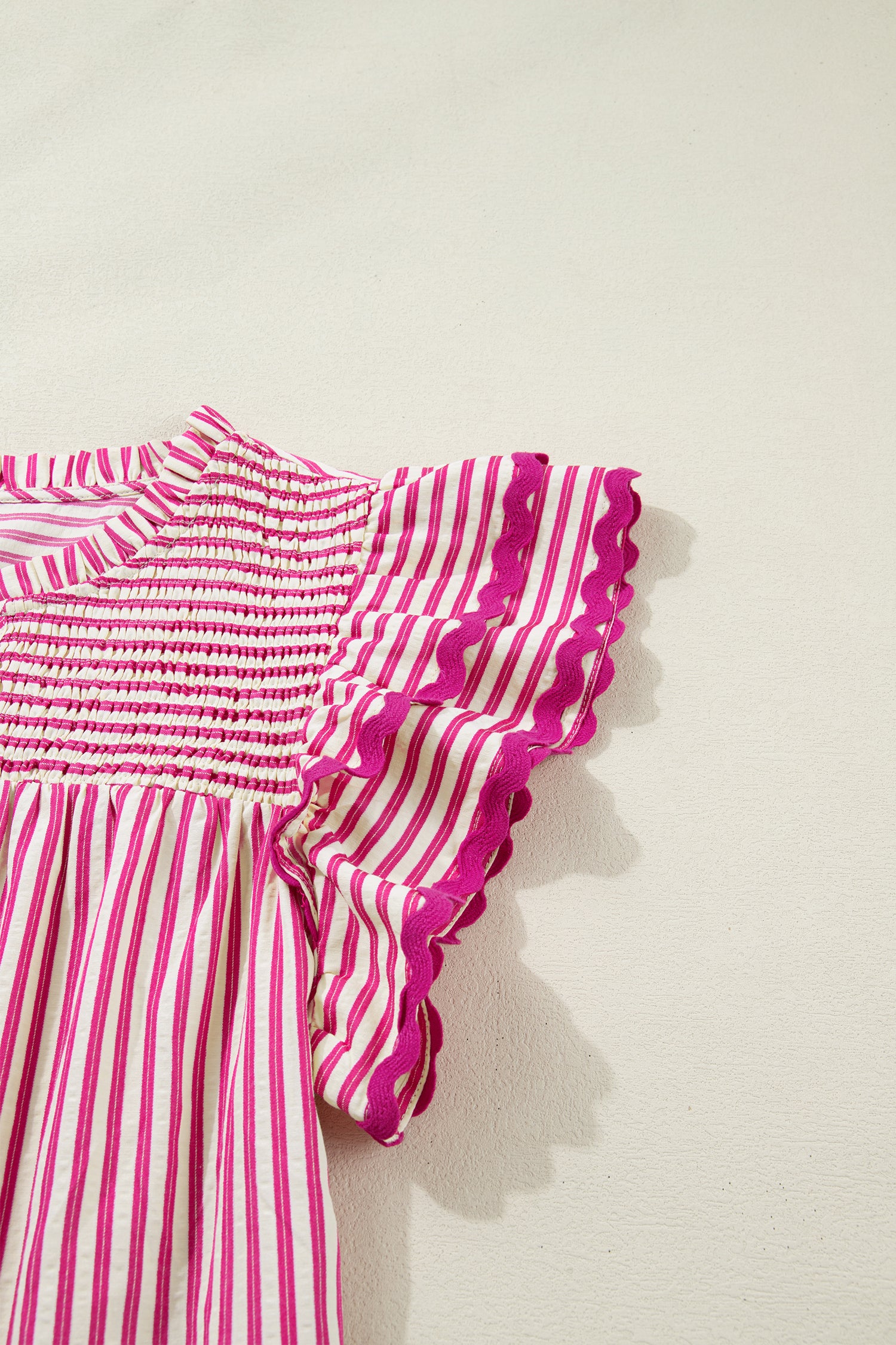 Women's Rose Stripe Shirred Yoke Ruffled Short Sleeve Blouse at LivelyLooks