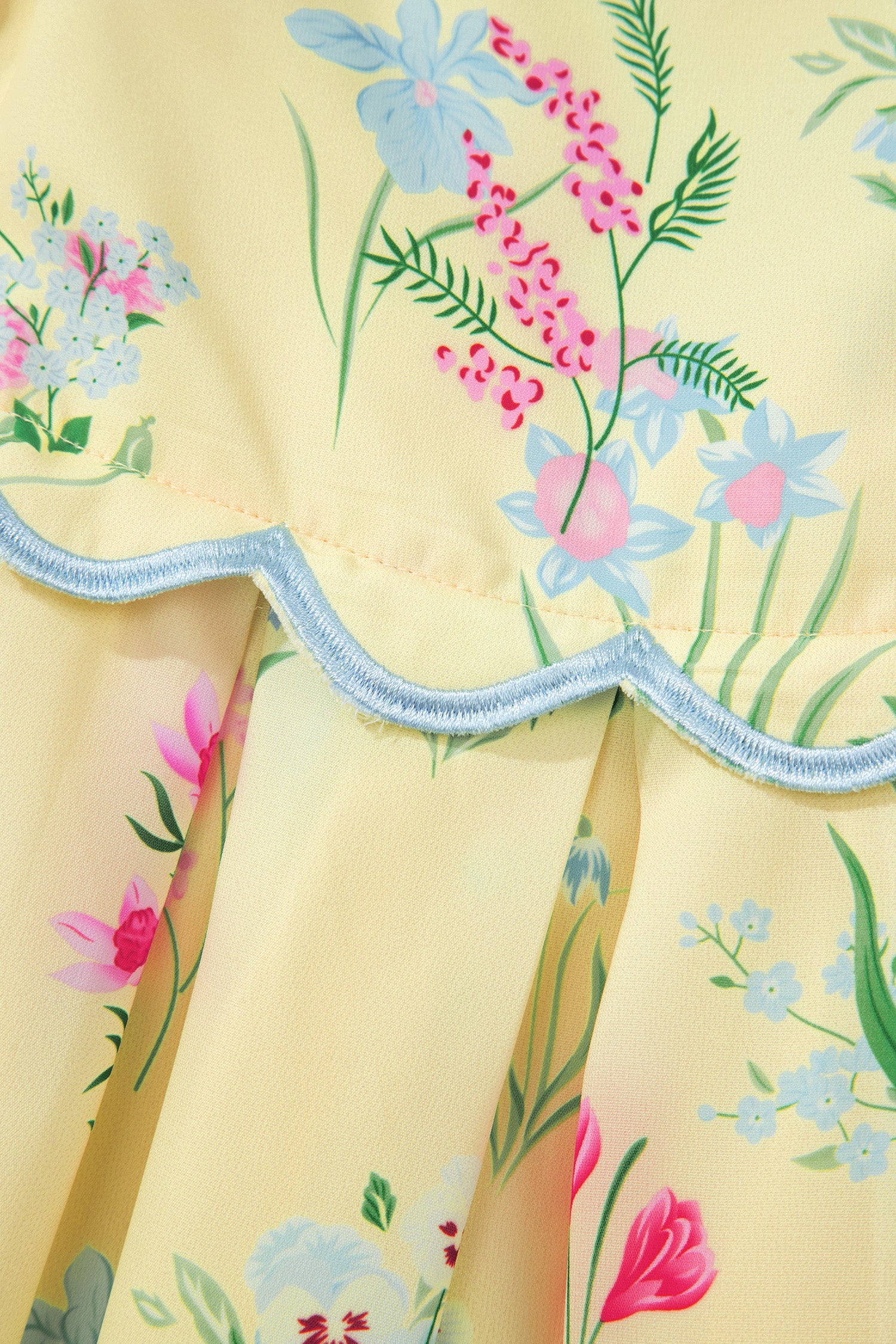 Floral Midi Dress Contrast Trim Self-Tie Straps High Waist Beige Pink Yellow