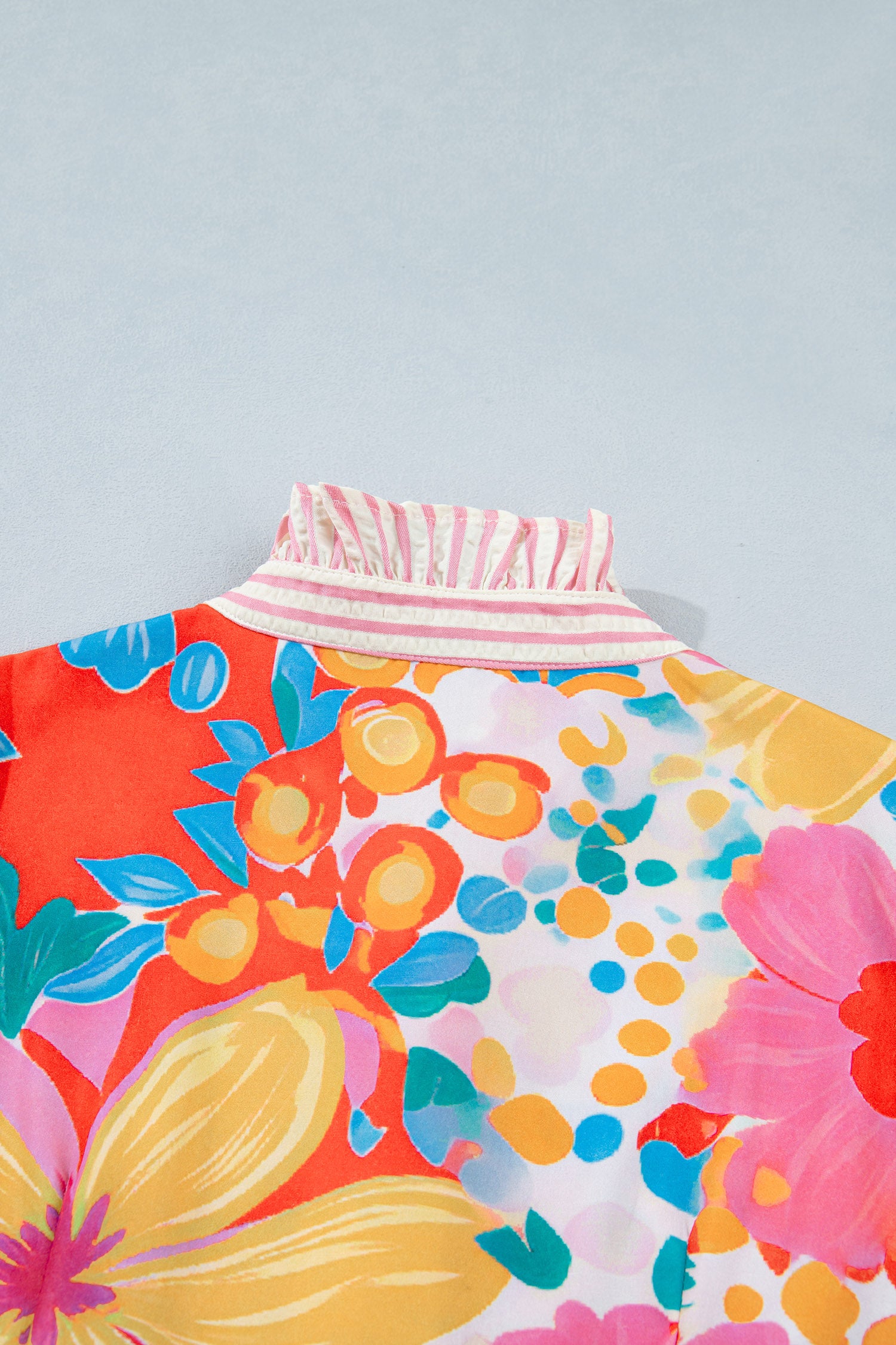 Floral Print Vacation Dress Striped Trim Button Down Short Sleeve Green Pink S-XL