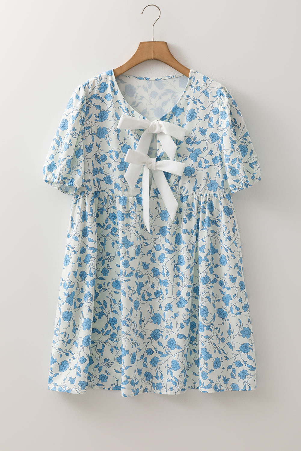 Women's Sky Blue Leopard Contrast Bow Puff Sleeve Mini Dress at LivelyLooks