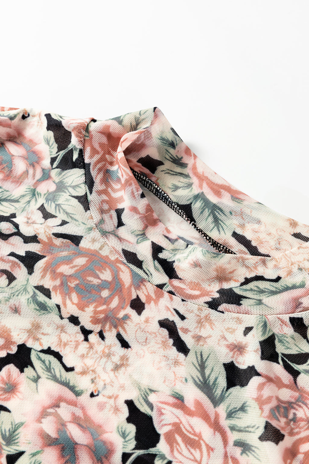 Shop White Retro Floral Mesh Mock Neck Long Sleeve Top at LivelyLooks