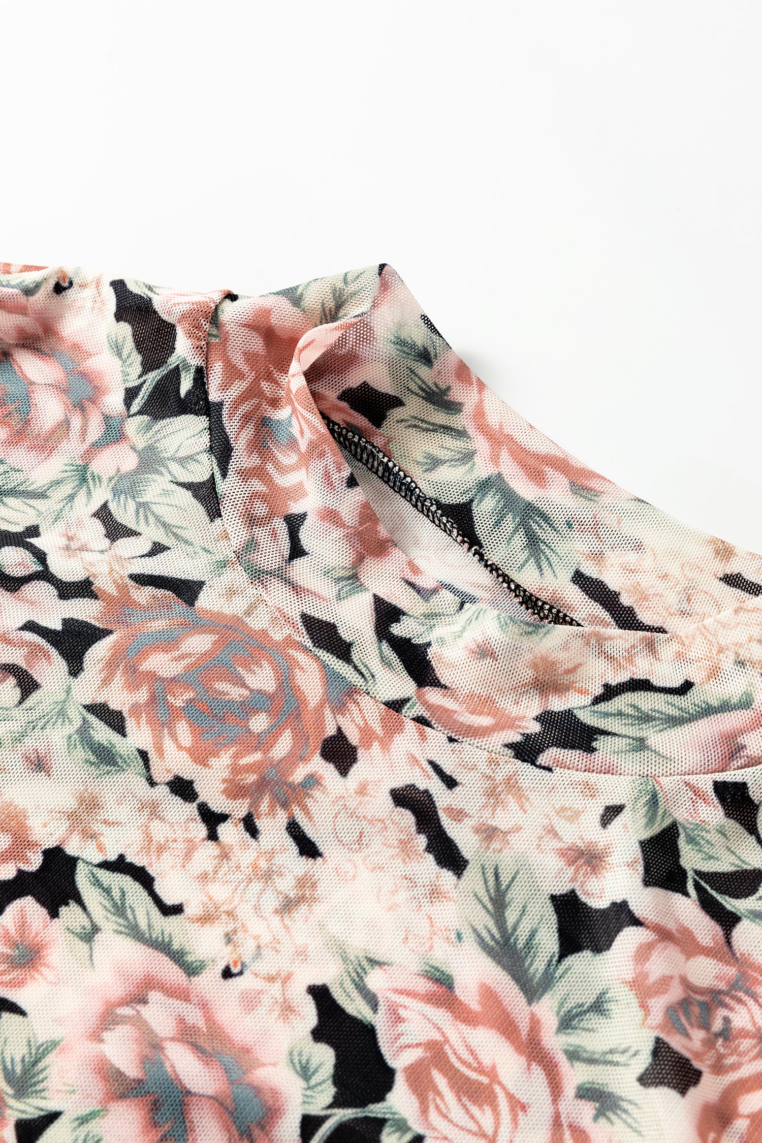Shop White Retro Floral Mesh Mock Neck Long Sleeve Top at LivelyLooks