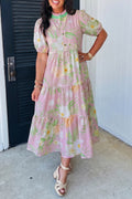 Pink Floral Tiered Maxi Dress High Waist Puff Sleeve Pockets Women S-XL