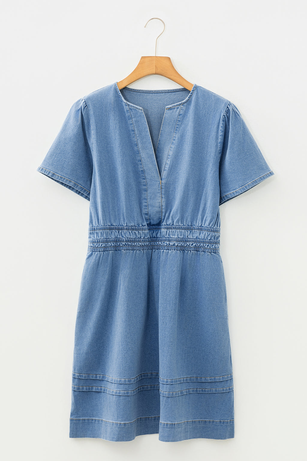 Blue Denim Elastic Waist Short Sleeve Mini Dress S-XL