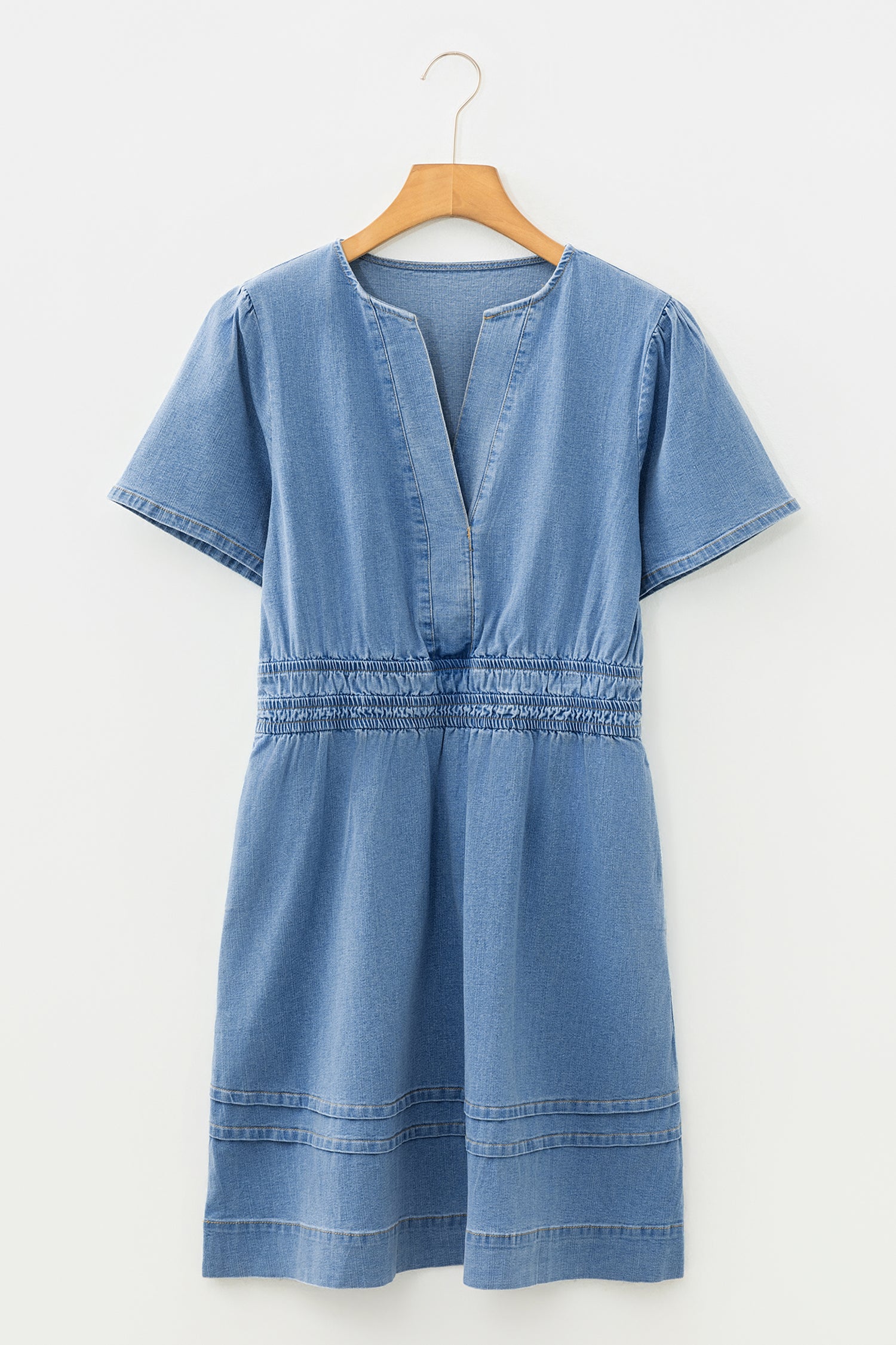 Blue Denim Elastic Waist Short Sleeve Mini Dress S-XL