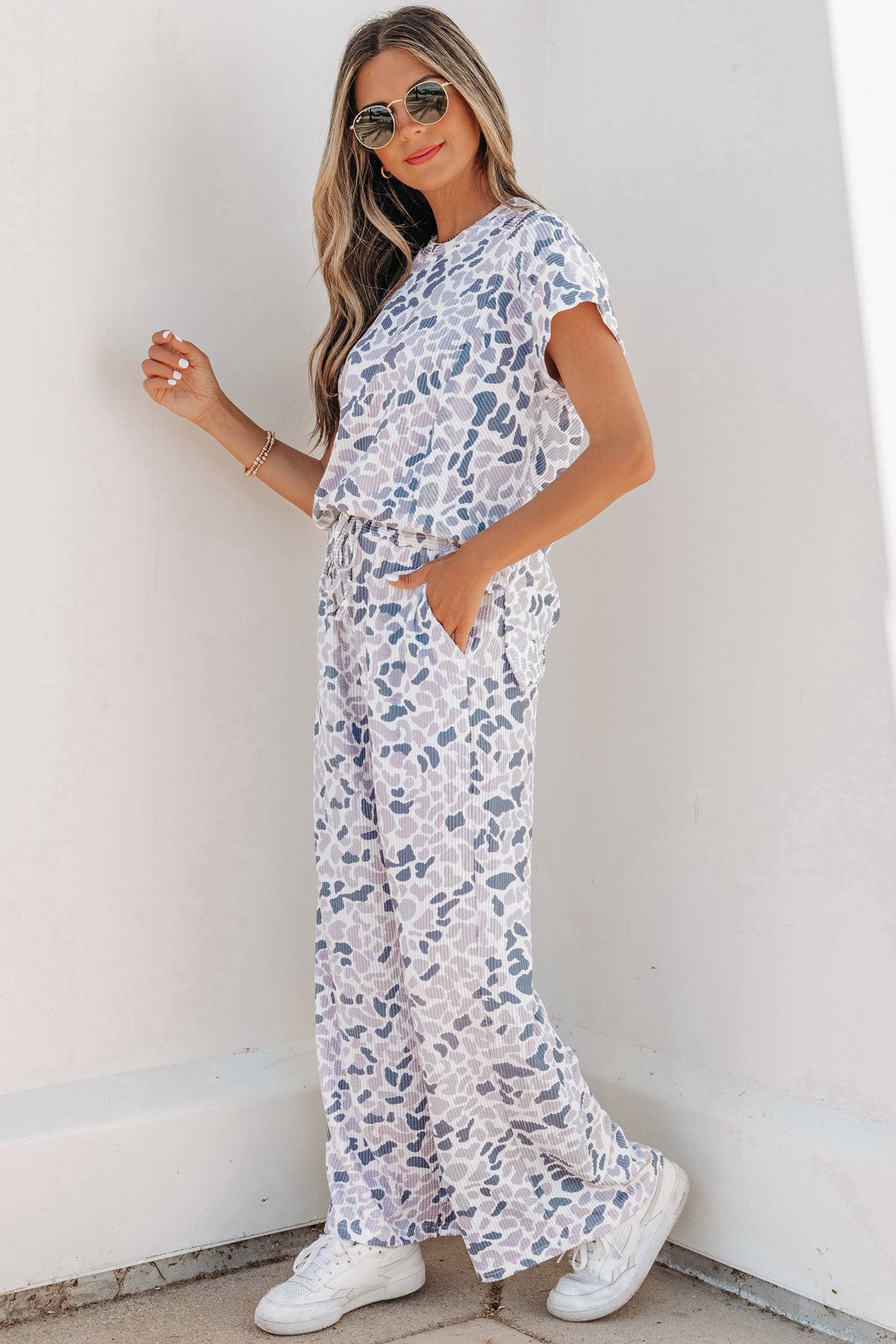 Beige Camouflage Print Twisted Rib Loose Tee & Drawstring Pants Set