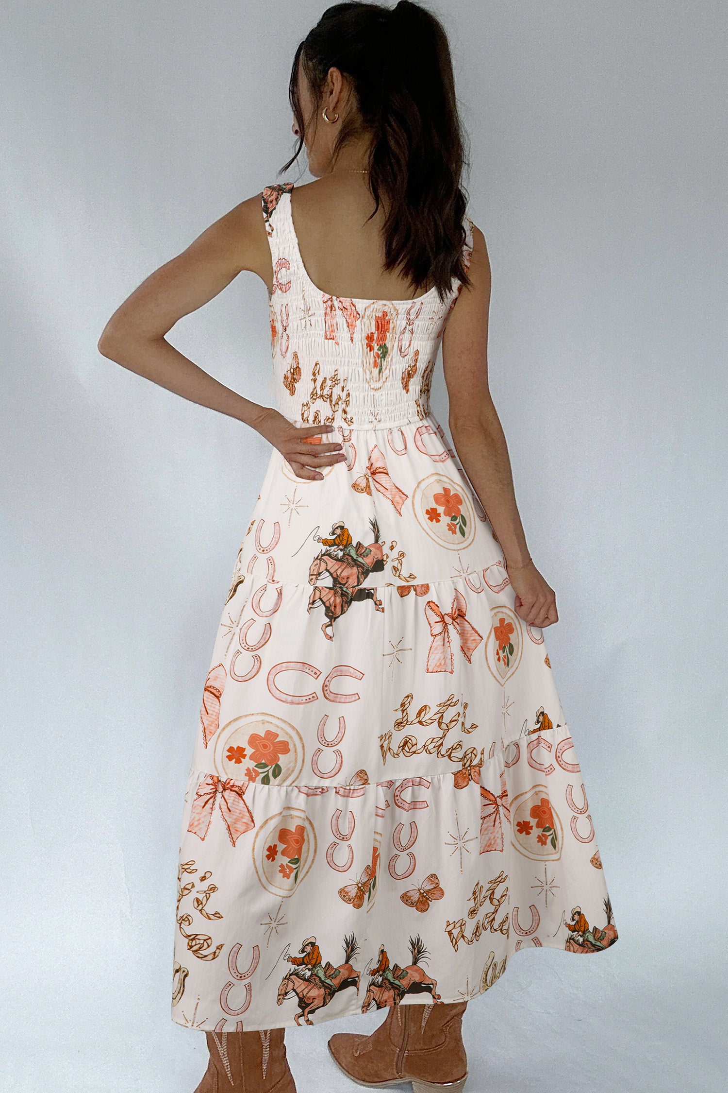 Women's White Western Horseshoe Print U-Neck Sleeveless Midi Dress at LivelyLooks
