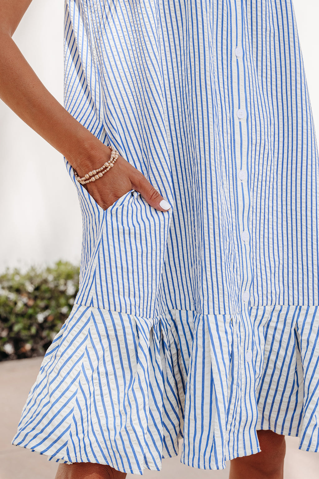 Sky Blue Stripe Ruffle Hem Shirt Collar Shirred Mini Dress S-XL