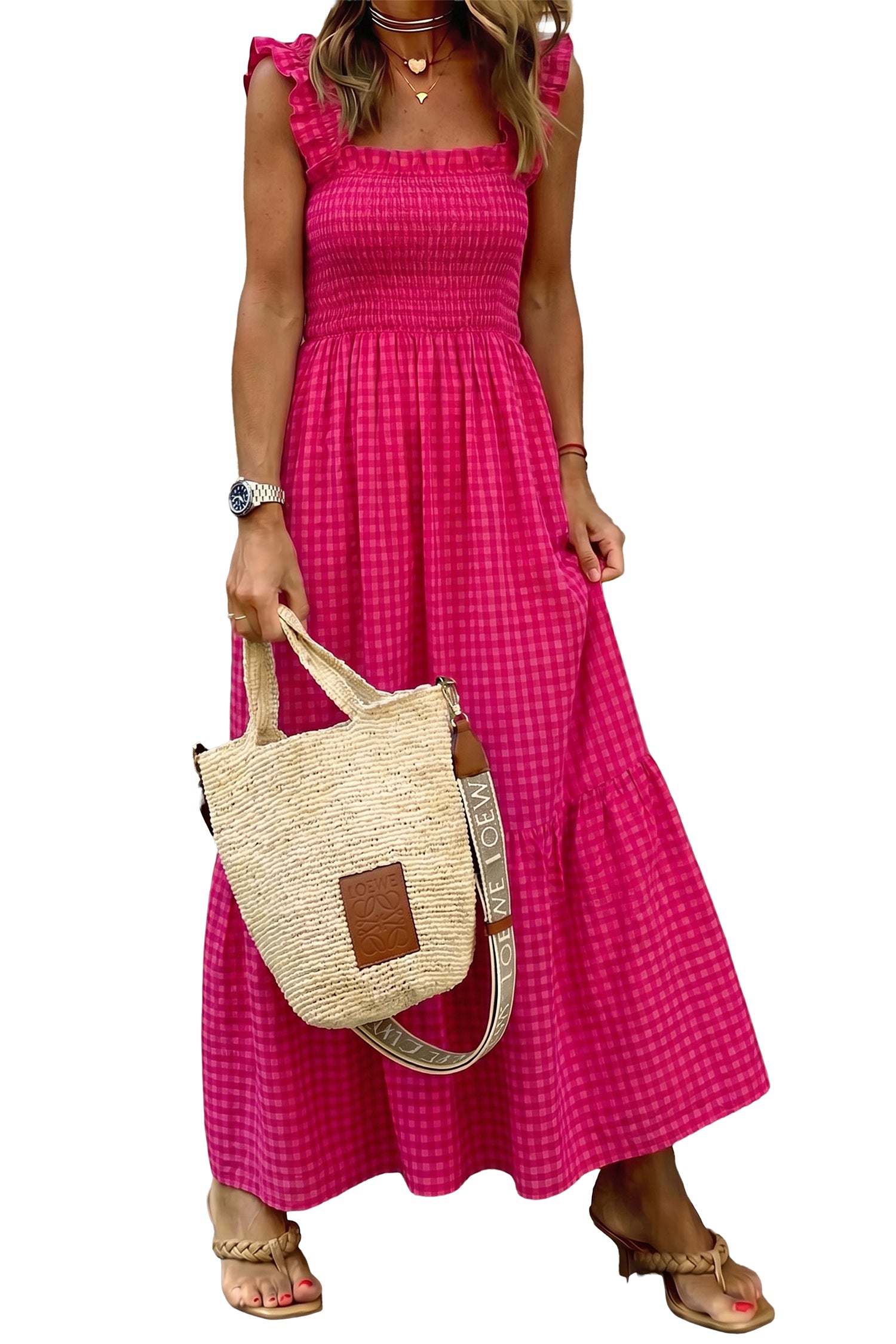Red Plaid Fit & Flare Sundress Square Neck Vacation Women S-XL