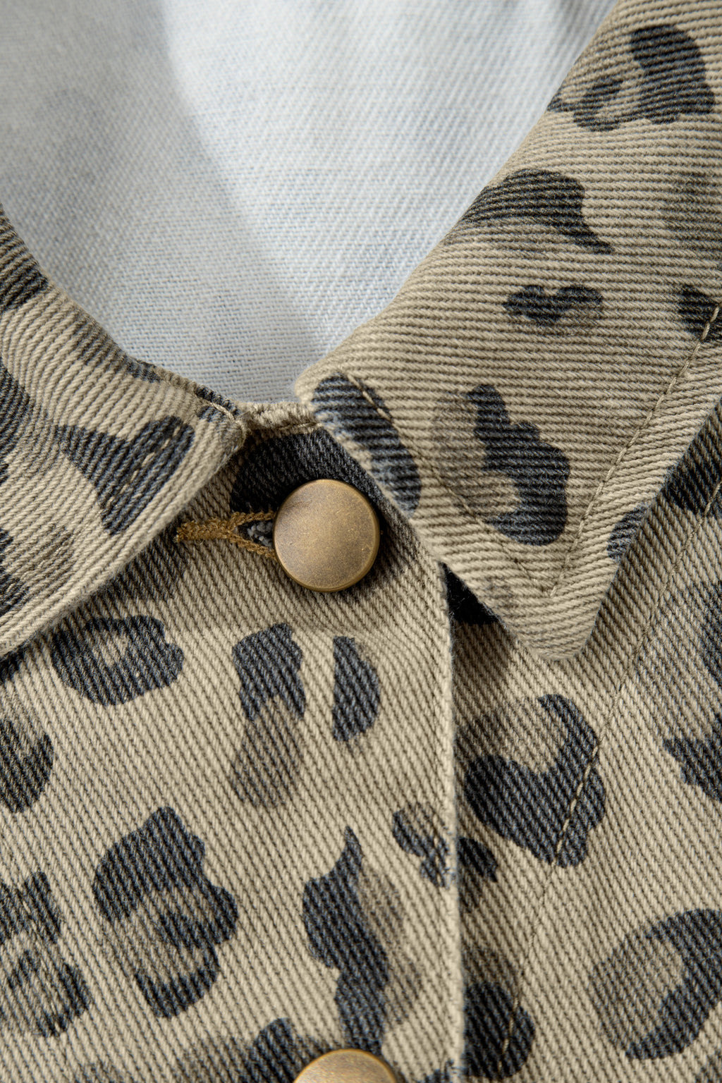 Khaki Retro Leopard Print Seam Detail Button Down Denim Jacket | UK 8–22