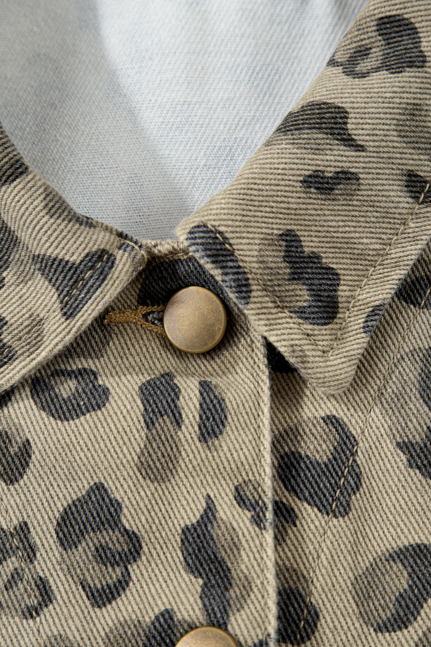 Khaki Retro Leopard Print Seam Detail Button Down Denim Jacket | UK 8–22