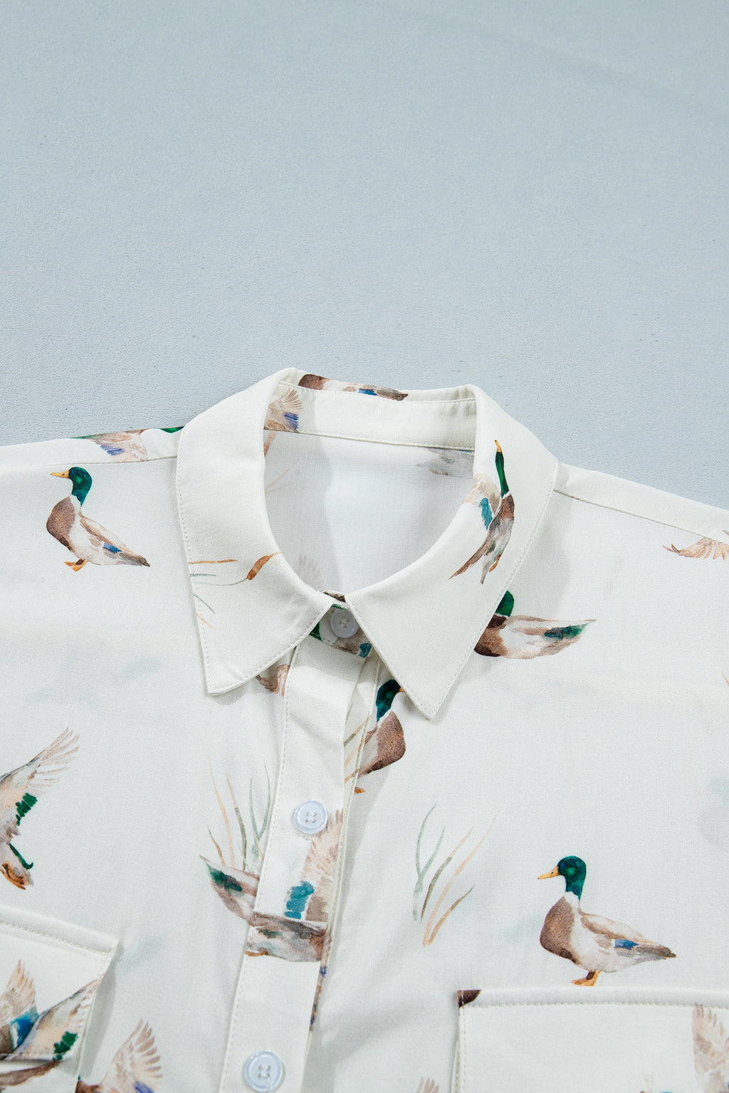 White Mallard Print Button Flap Pocket Short Sleeve Shirt | UK 8–22
