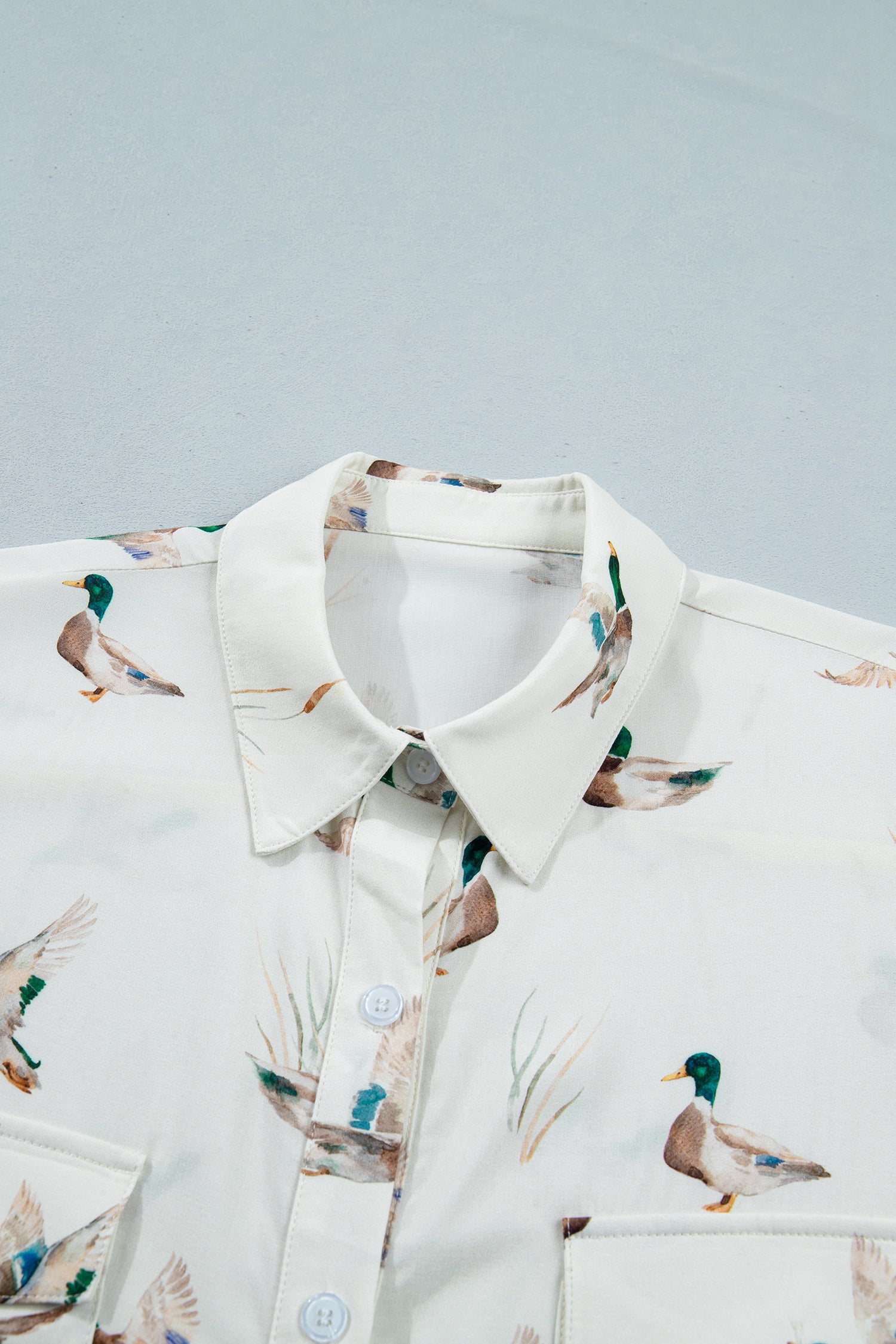 White Mallard Print Button Flap Pocket Short Sleeve Shirt | UK 8–22