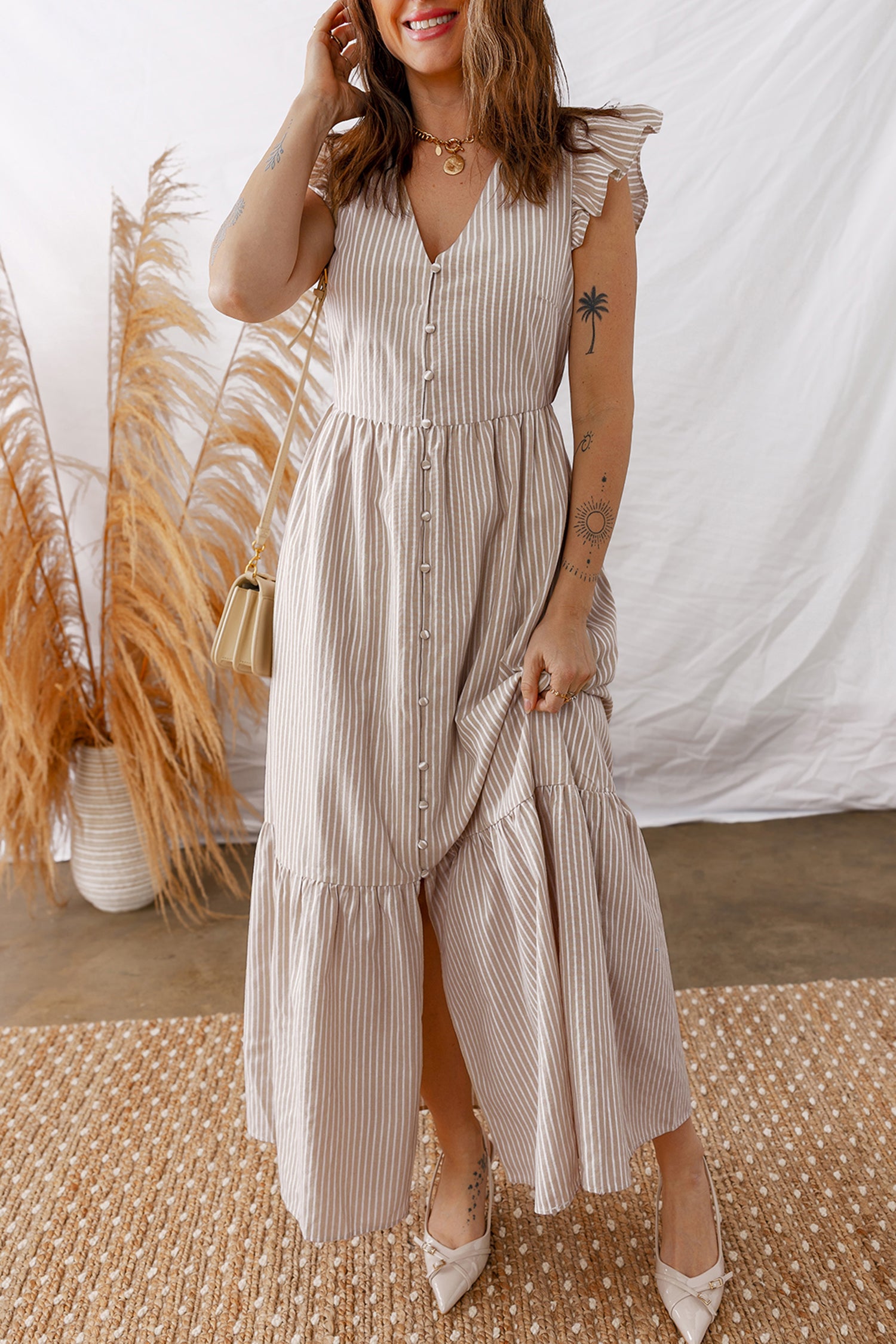 Shop Stripe Flutter Sleeve Button Front Slit Maxi Dress | S-XL at LivelyLooks