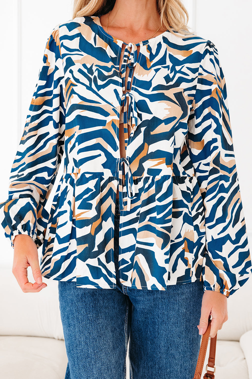 Blue Zebra Print Puff Sleeve Top Tied Front Women S-XL