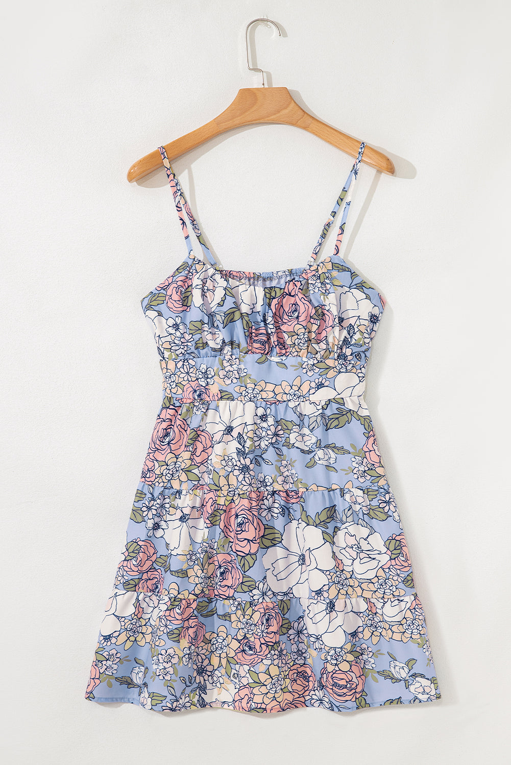 Sky Blue Floral Tiered Patchwork Spaghetti Strap Vacation Dress S-XL