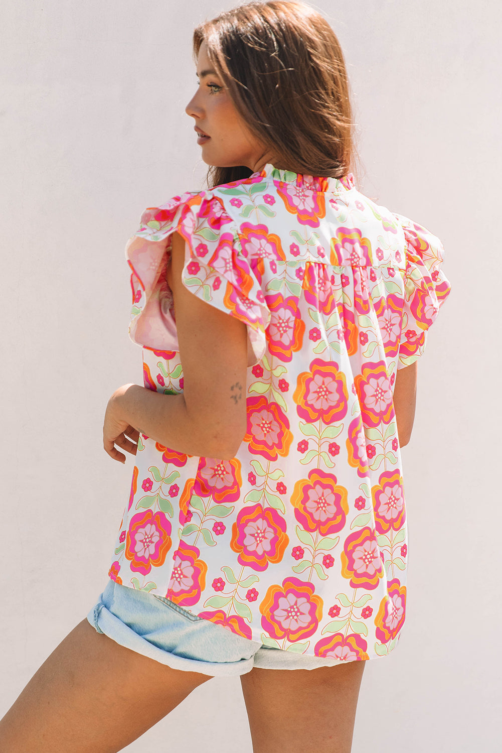 Shop Pink Floral Ruffled Sleeve Ric-rac Trim Split Neck Loose Blouse Summer Holiday Top at LivelyLooks
