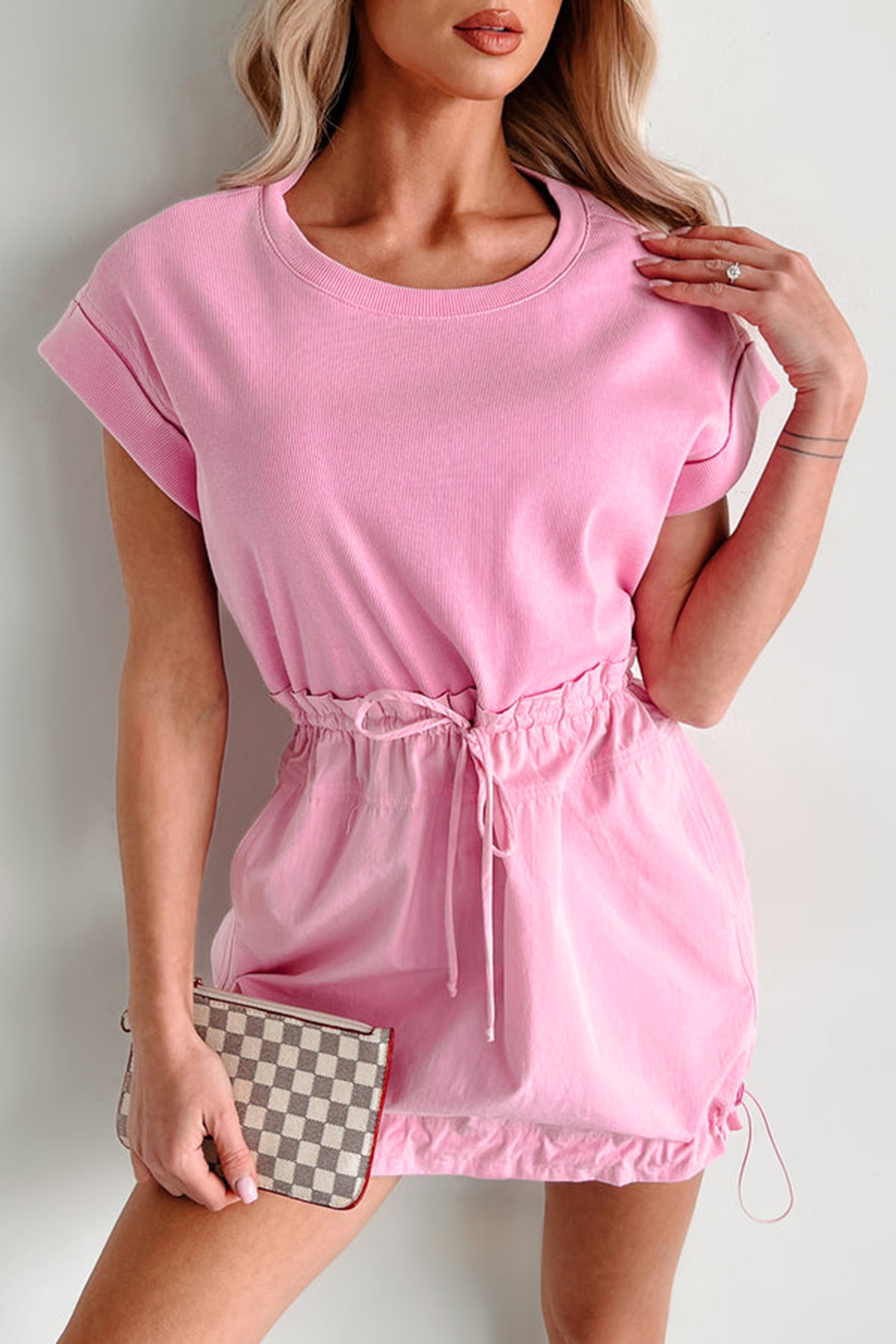 LivelyLooks Pink Cuffed Short Sleeve Patchwork Drawstring Mini Dress S-XL women's fashion