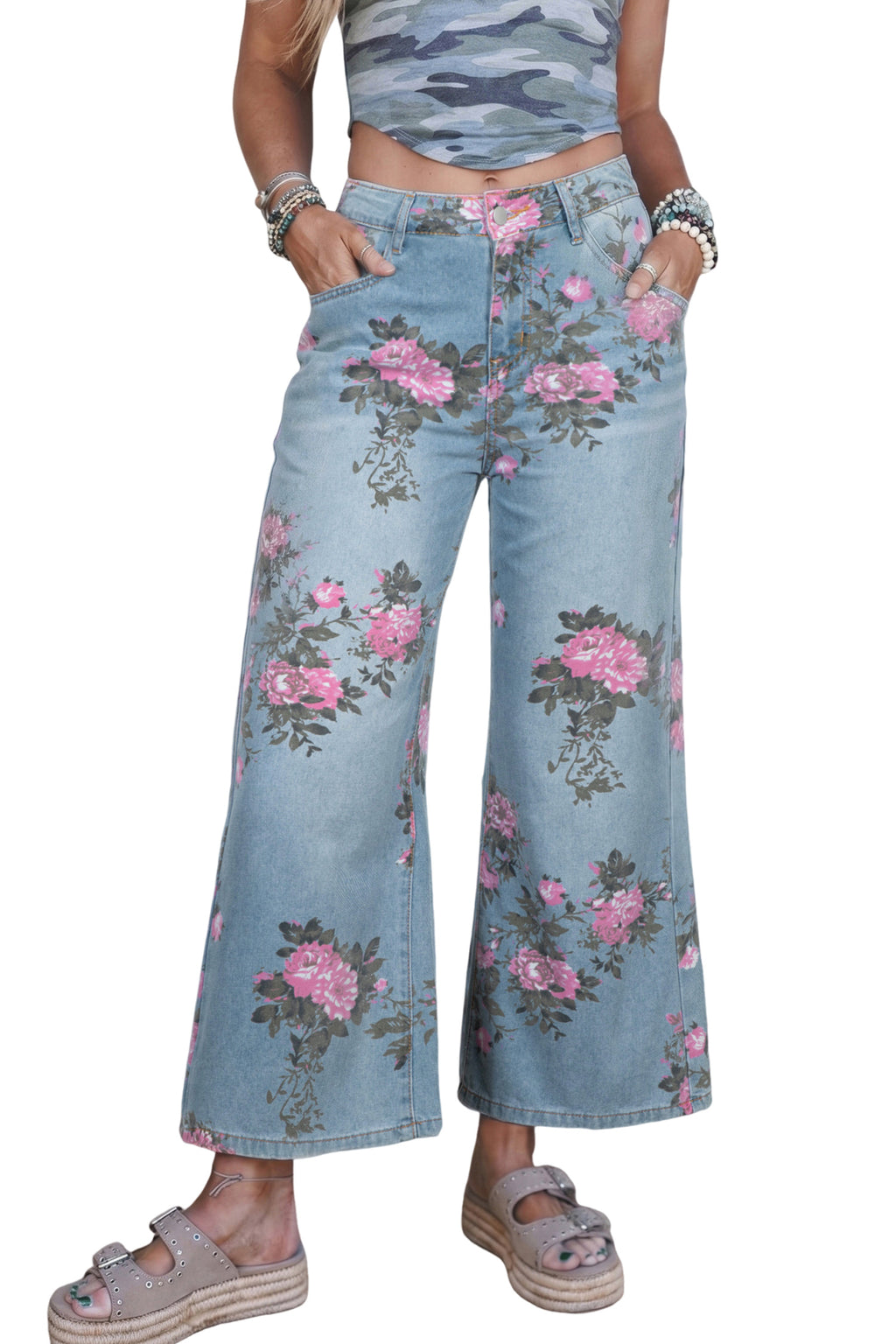 Shop Blue Garden Floral Print Bootcut Jeans | UK Sizes 6-18 at LivelyLooks