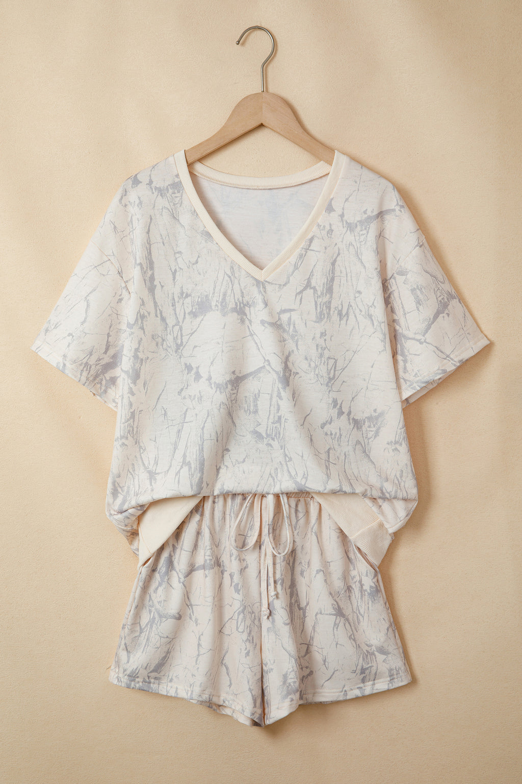 Abstract Print V-Neck Loose Tee & Drawstring Shorts Co-ord | Khaki & Pink