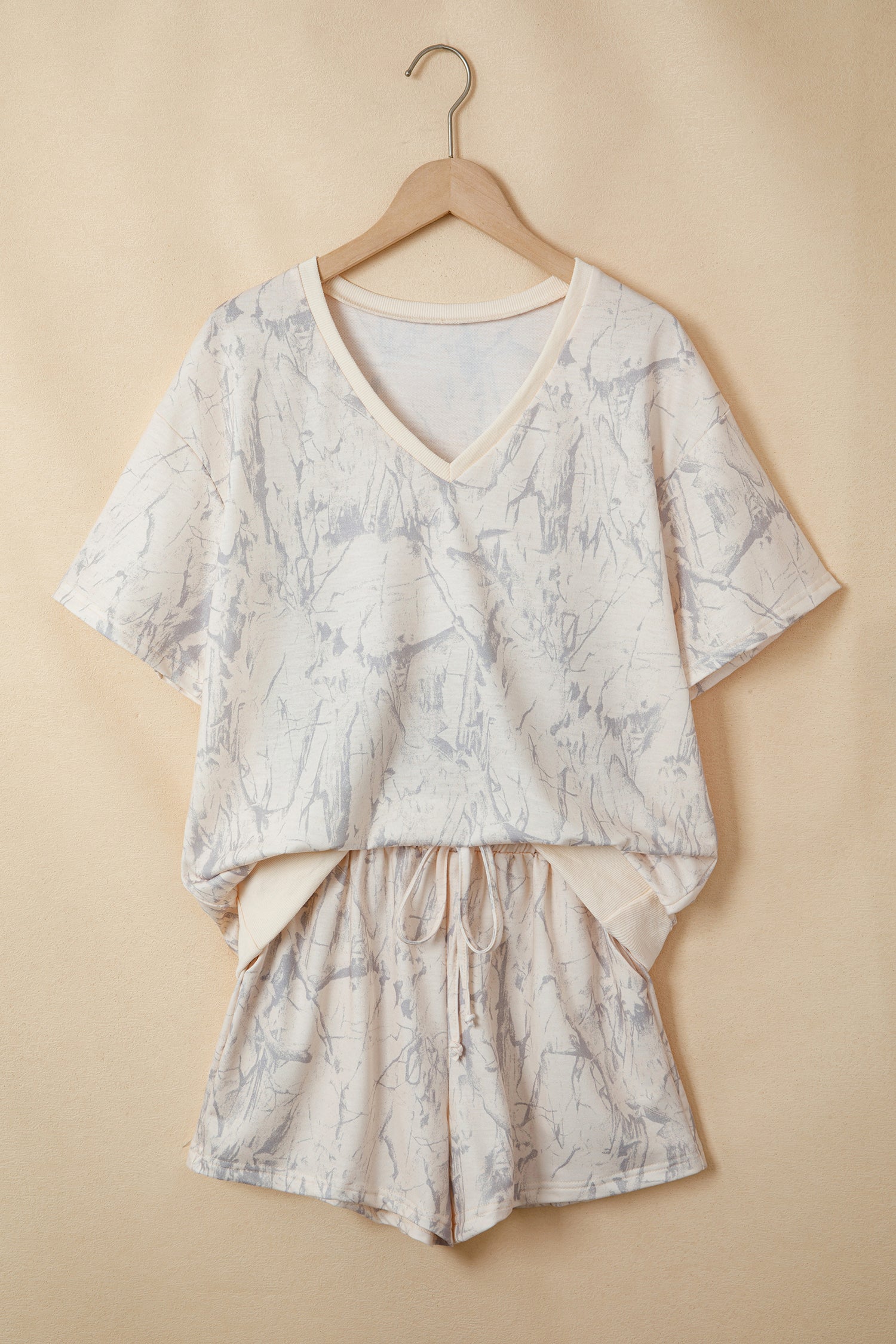 Abstract Print V-Neck Loose Tee & Drawstring Shorts Co-ord | Khaki & Pink