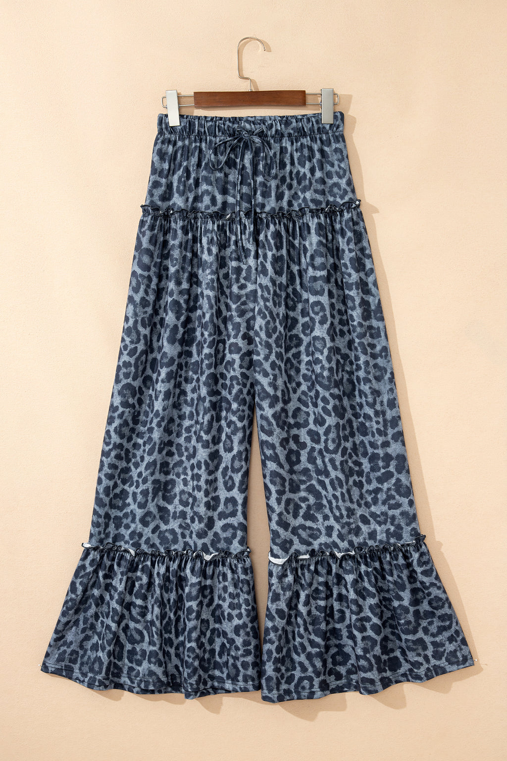 Grey Leopard Print Frilled Drawstring Wide Leg Trousers
