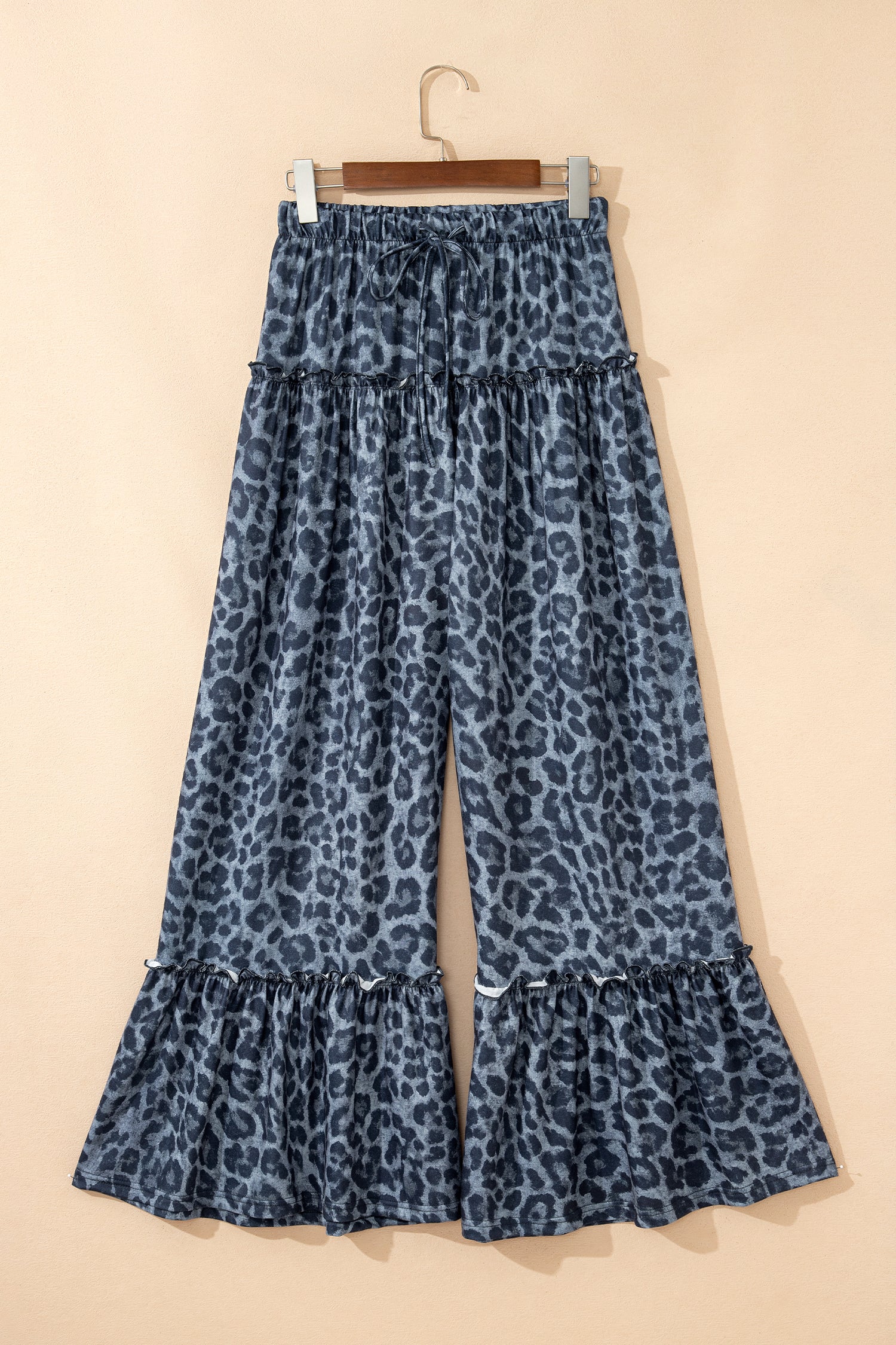 Grey Leopard Print Frilled Drawstring Wide Leg Trousers