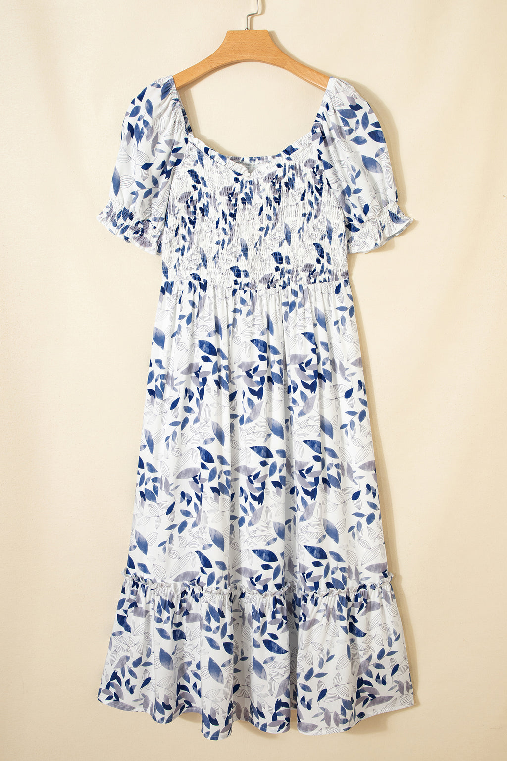Sky Blue Floral Midi Dress Smocked Bodice Short Puff Sleeve Tiered Women S-XL