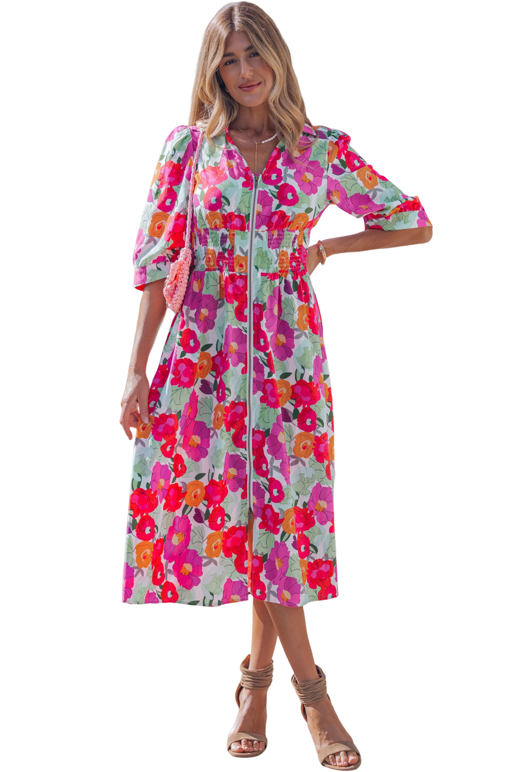 Rose Floral Print Zip Front Shirred Waist Flared Half Sleeve Midi Dress S-XL