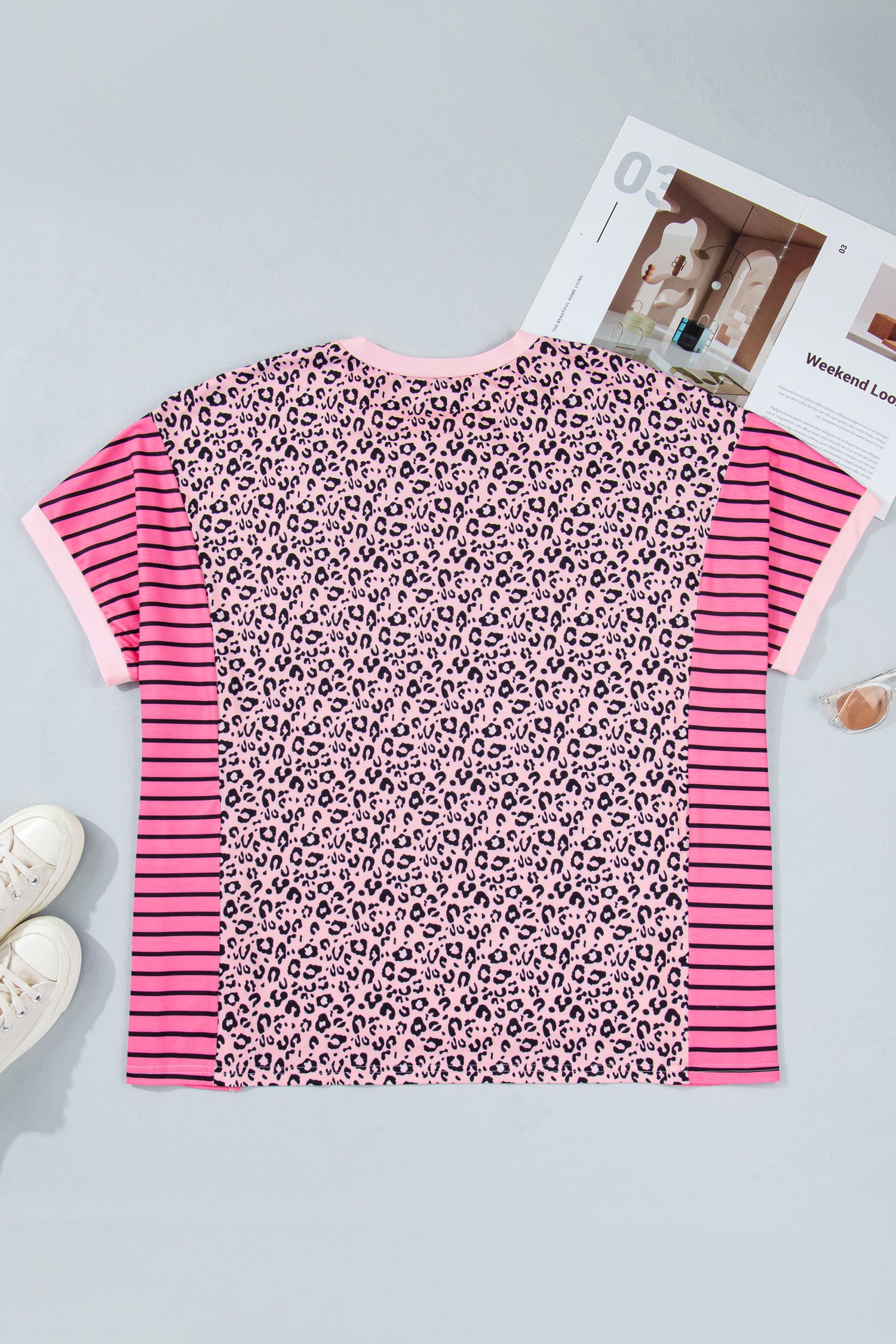 Women's Pink Leopard Striped Contrast Patchwork Plus Size Tee at LivelyLooks