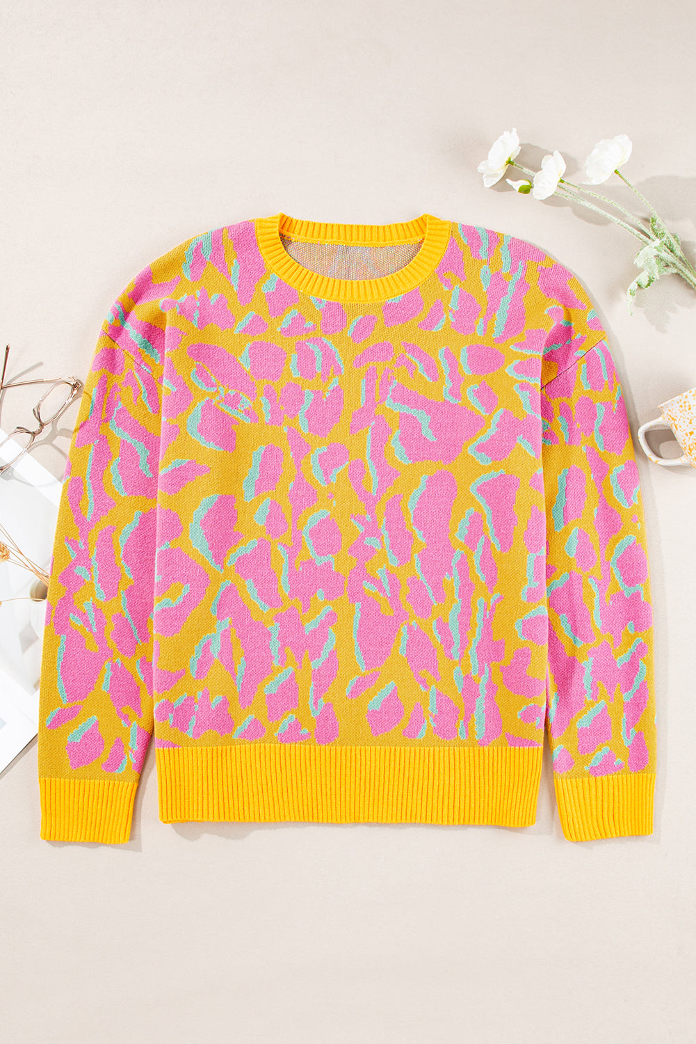 LivelyLooks Abstract Print Ribbed Trim Baggy Sweater Oversized Jumper Knitwear Casual Top women's fashion
