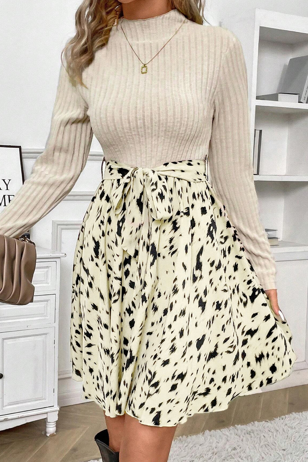 Women's Black Ribbed Knit Patchwork Printed Belted A-line Dress at LivelyLooks