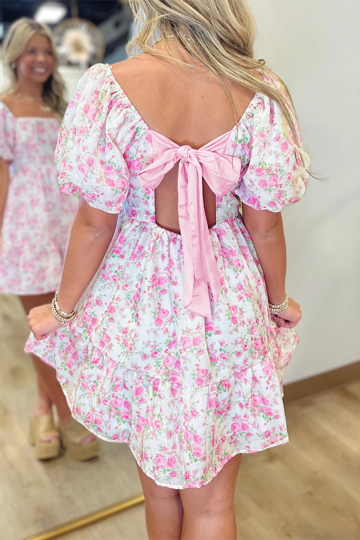 Pink Floral Mini Dress Square Neck Ribbon Knot Back Puff Sleeve Women S-XL