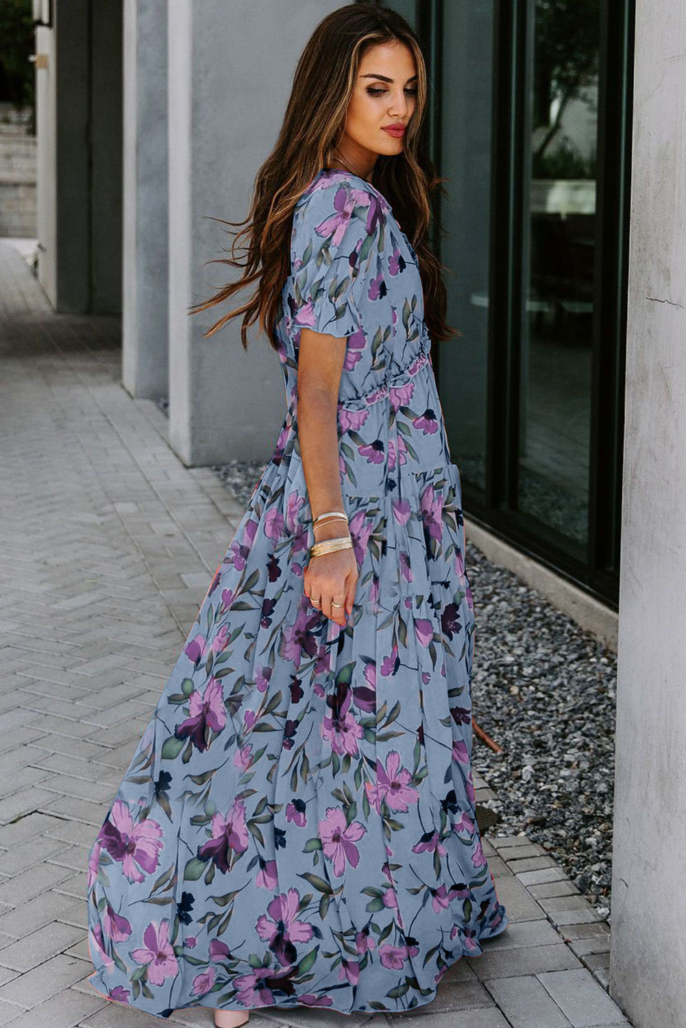 Women's Floral Print Frilled V-Neck Short Sleeve Maxi Dress Blue Black Green S-XL at LivelyLooks