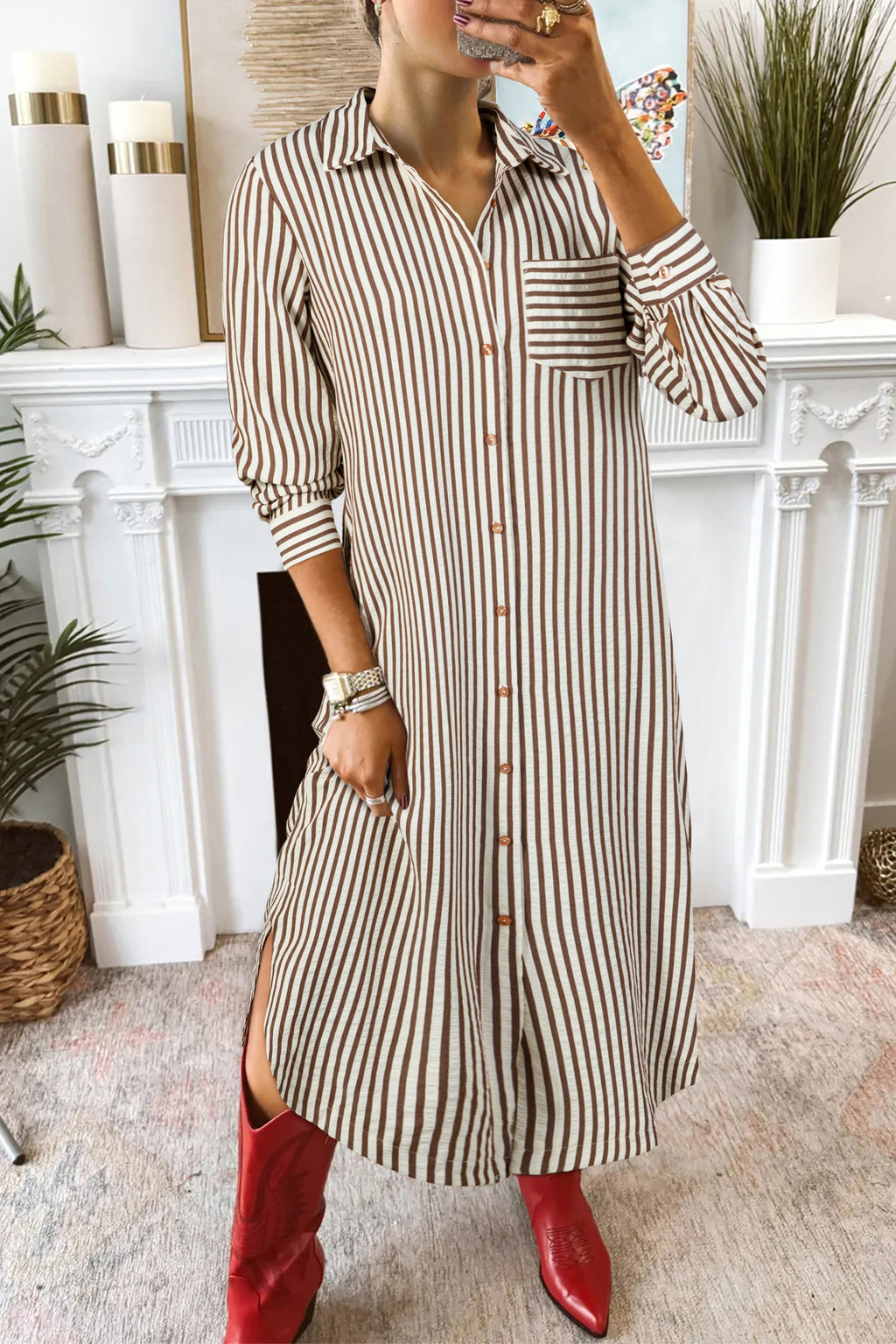 Brown Stripe Textured Midi Shirt Dress 3/4 Sleeve Round Hem Split Women S-XL