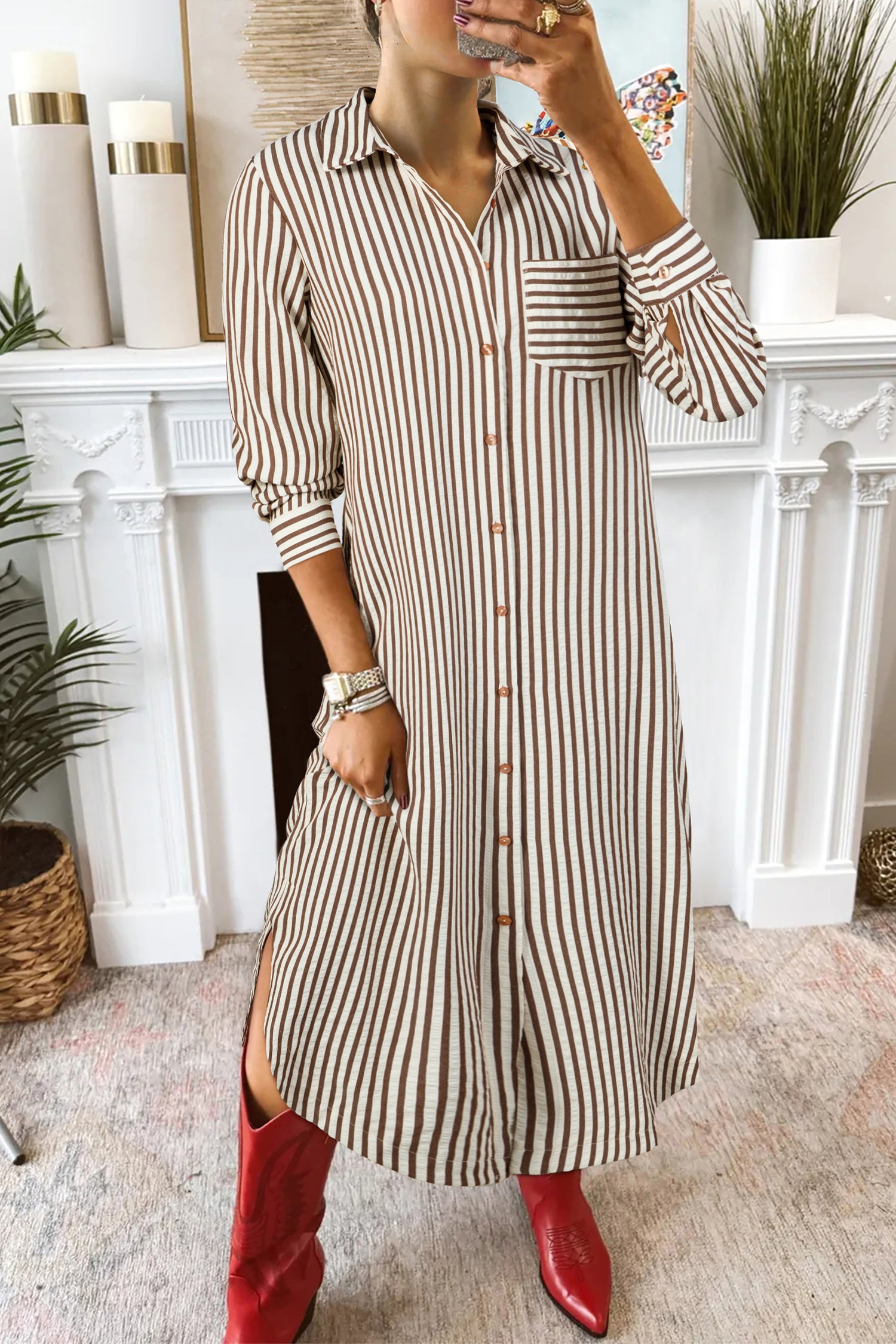 Brown Stripe Textured Midi Shirt Dress 3/4 Sleeve Round Hem Split Women S-XL