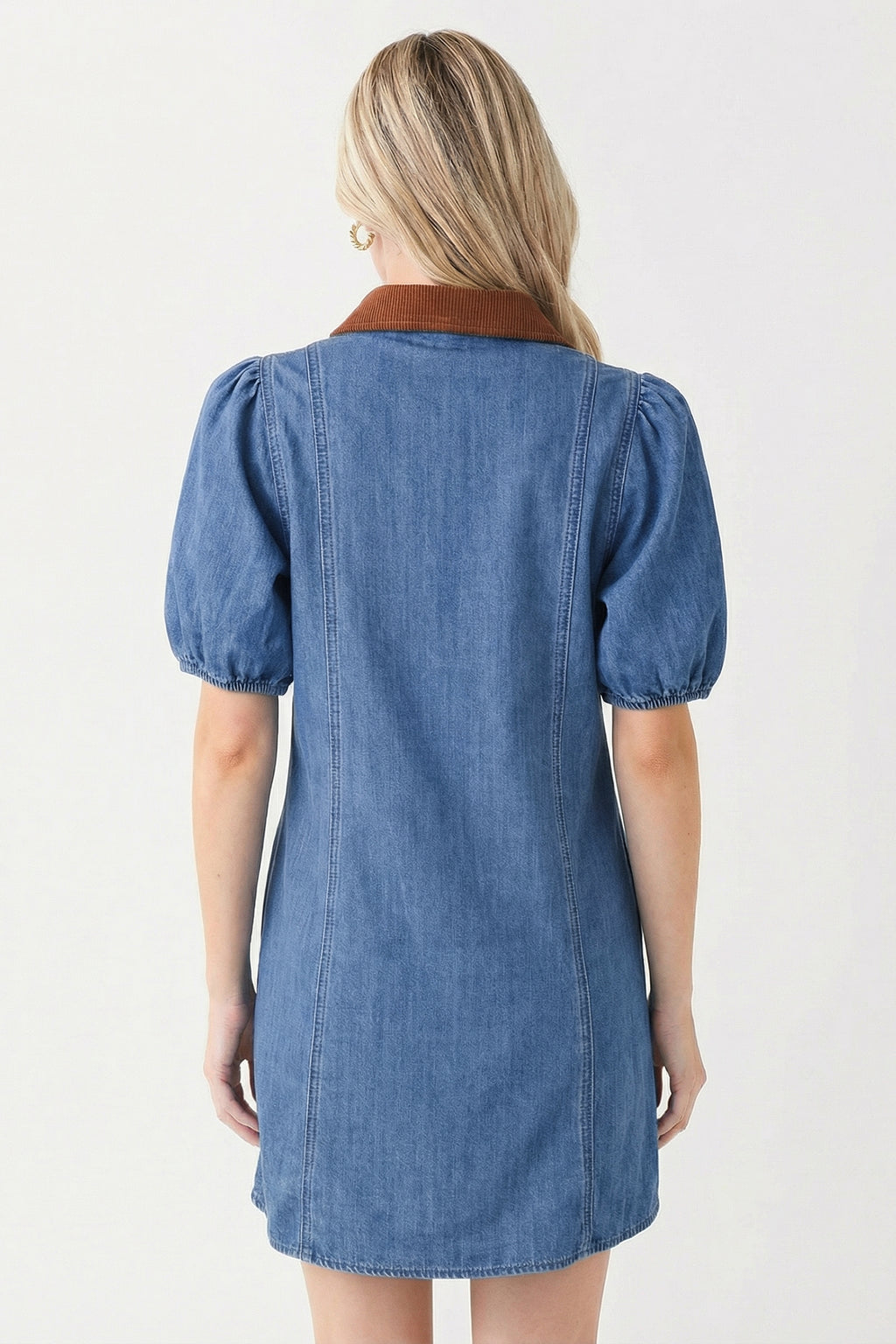 Women's Blue Denim Puff Sleeve Colour Block Shirt Collar Patchwork Mini Dress at LivelyLooks