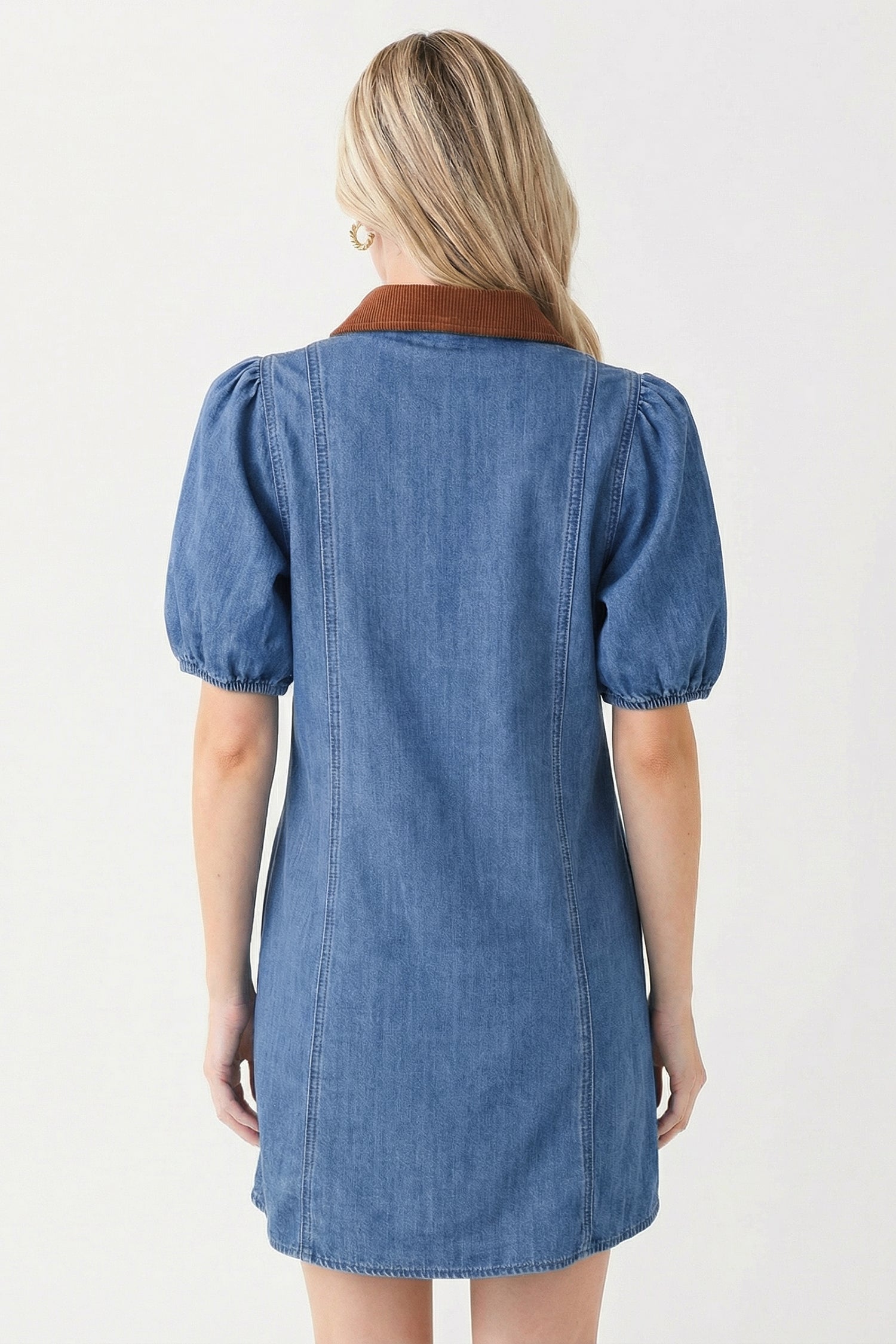 Women's Blue Denim Puff Sleeve Colour Block Shirt Collar Patchwork Mini Dress at LivelyLooks