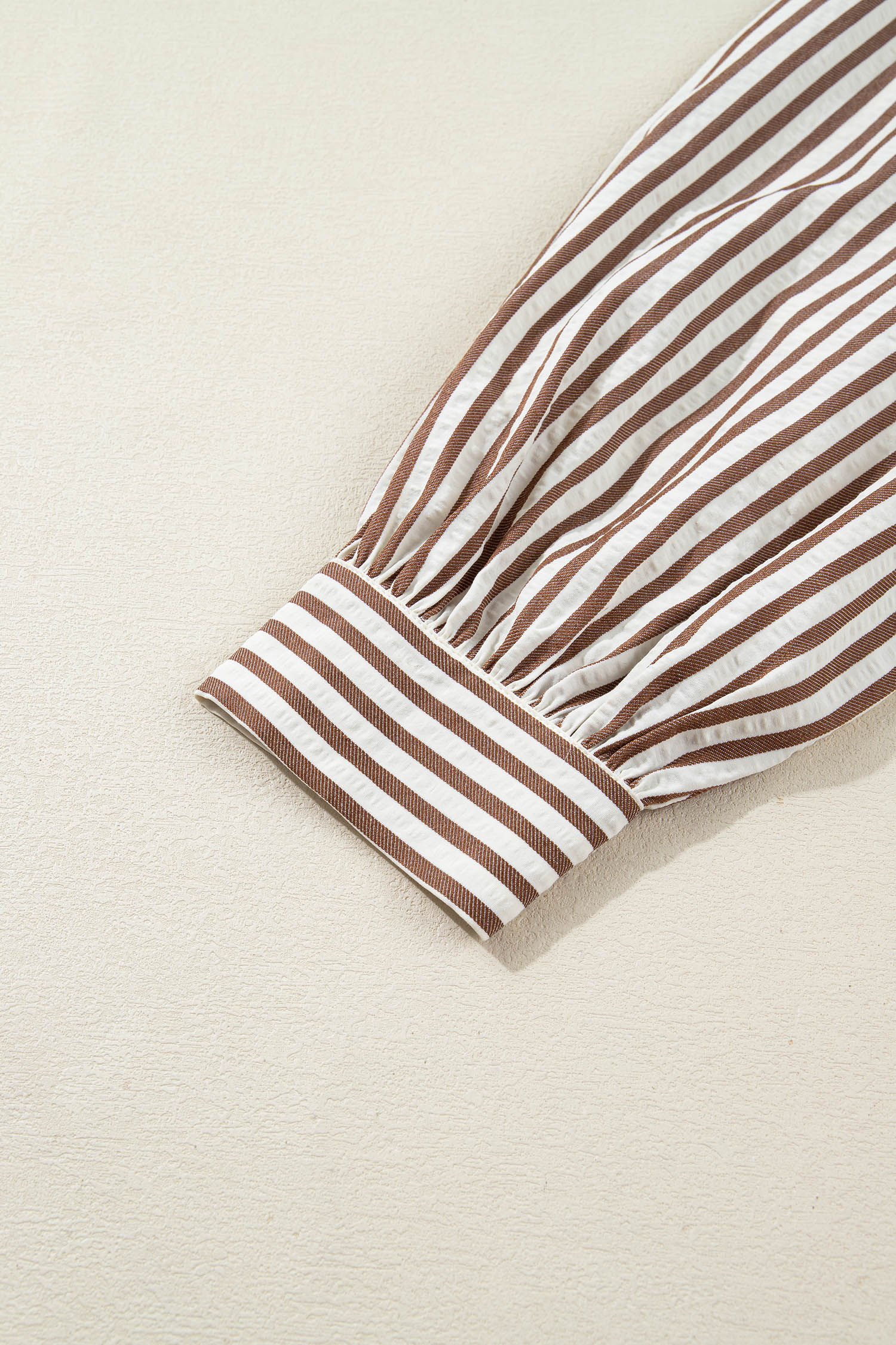 Brown Stripe Knot Waist Puff Sleeve Button Down Mini Shirt Dress S-XL