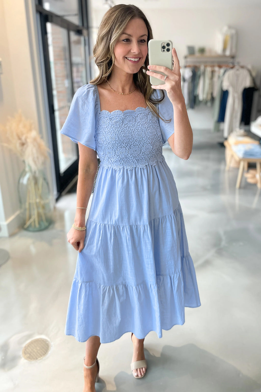 Women's Blue Flowy Short Sleeve Lace Detail Square Neck Tiered Midi Dress S-XL at LivelyLooks