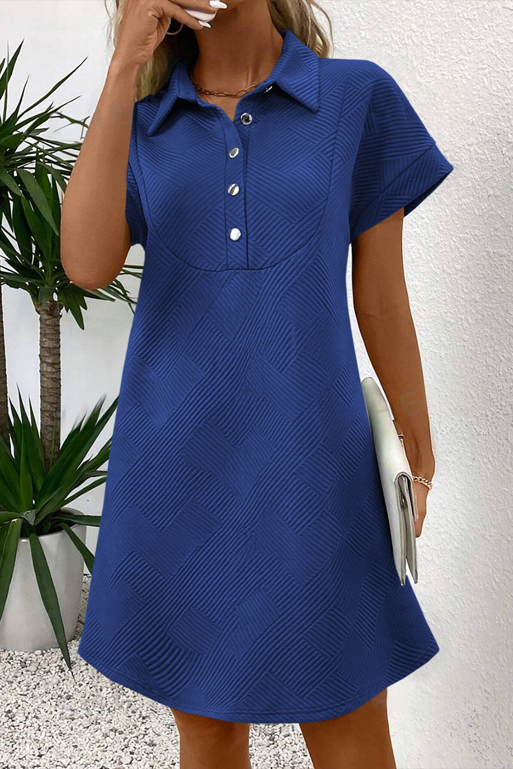Textured Short Sleeve A Line Mini Dress | Light Blue, Blue & Peach | UK 8–22
