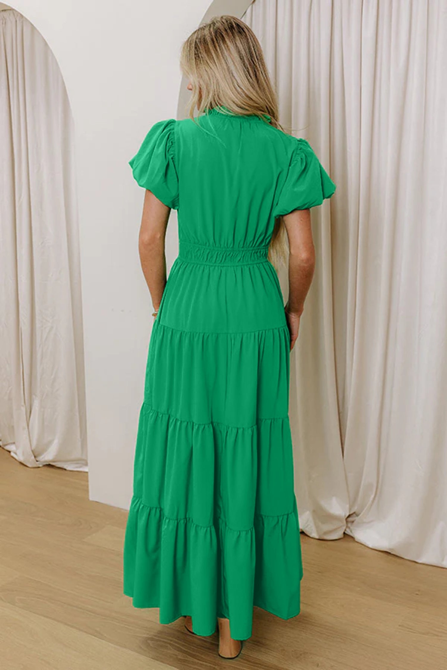 Women's Solid Colour V Neck Puff Sleeve High Waist Tiered Maxi Dress | S-XL at LivelyLooks