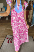 Pink & Green Floral Colour Block Patchwork V-Neck Midi Dress