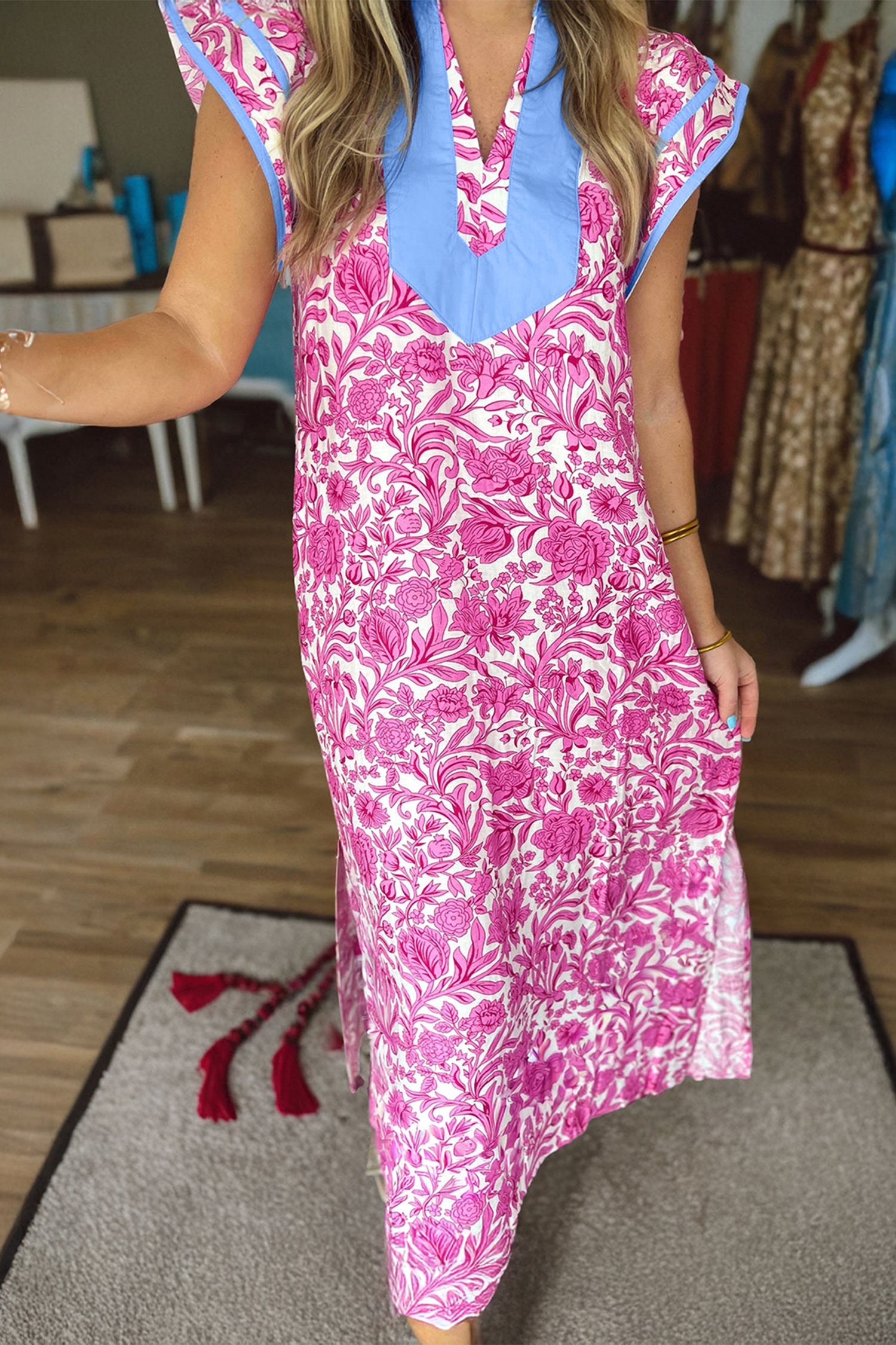 Pink & Green Floral Colour Block Patchwork V-Neck Midi Dress