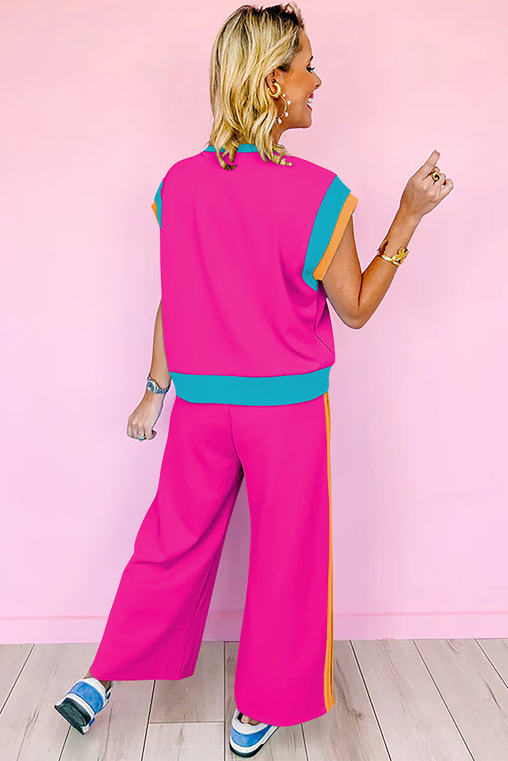 Colour Block Cap Sleeve Tee & Crop Wide Leg Trousers Set | 8 Colours