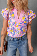 Shop Pink Playful Floral Print Striped Color Block Patchwork V Neck Flutter Sleeve Blouse at LivelyLooks