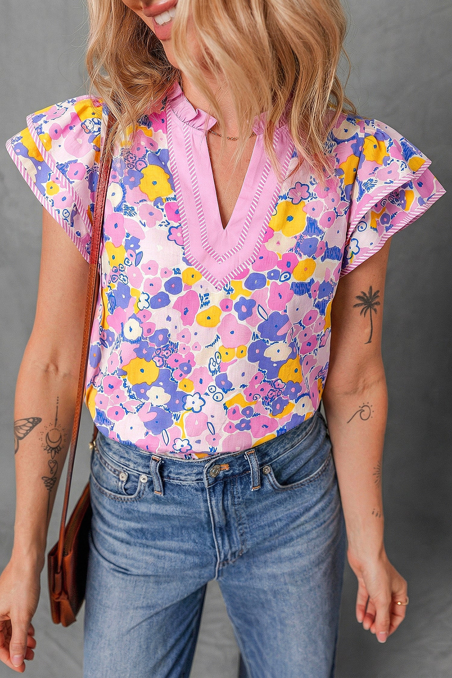 Shop Pink Playful Floral Print Striped Color Block Patchwork V Neck Flutter Sleeve Blouse at LivelyLooks