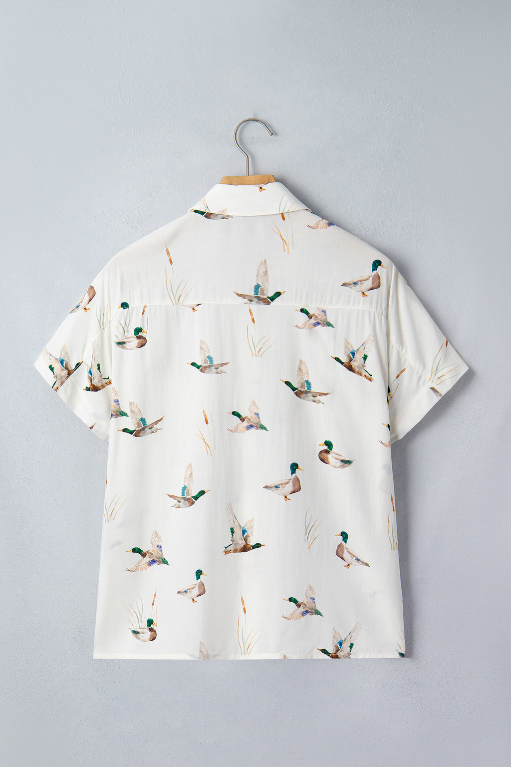 White Mallard Print Button Flap Pocket Short Sleeve Shirt | UK 8–22